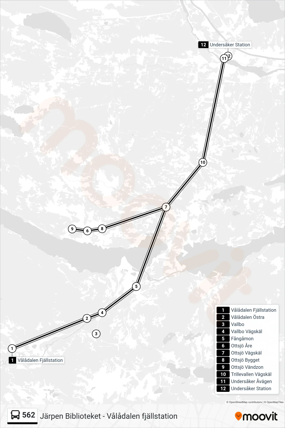 Rutt och hållplatser på karta för linje 562 spårvagn, (Undersåker Station)
