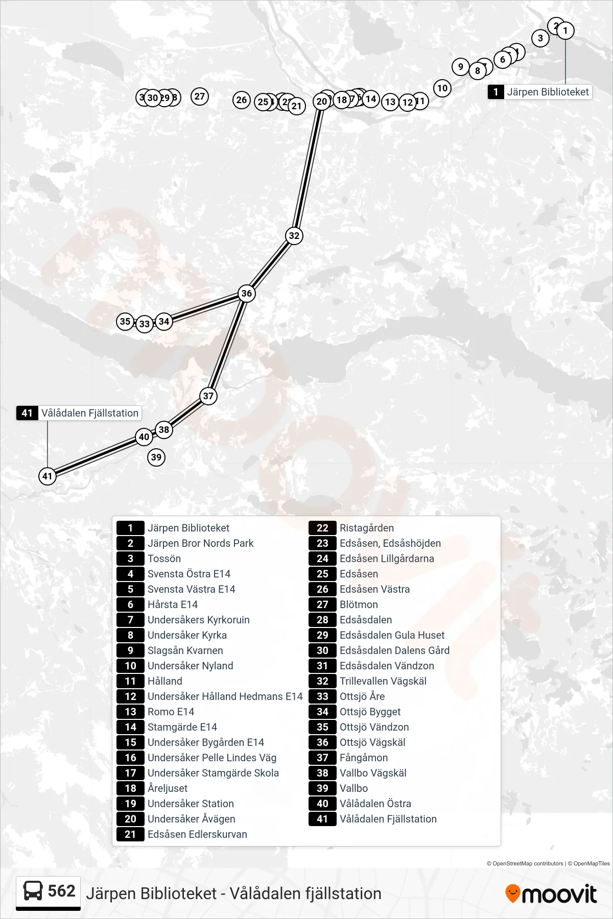 Rutt och hållplatser på karta för linje 562  spårvagn, (Vålådalen Fjällstation)