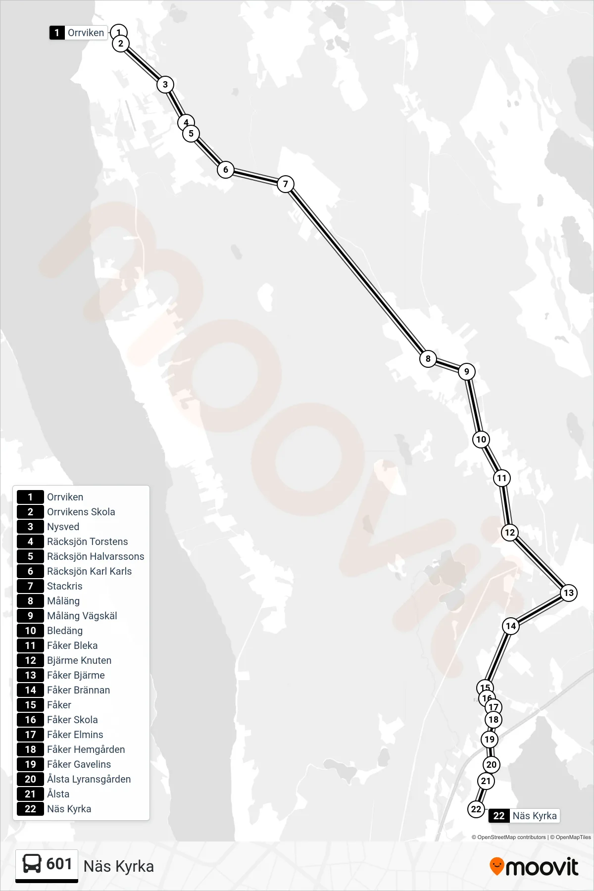 Rutt och hållplatser på karta för linje 601 spårvagn, (Näs Kyrka)