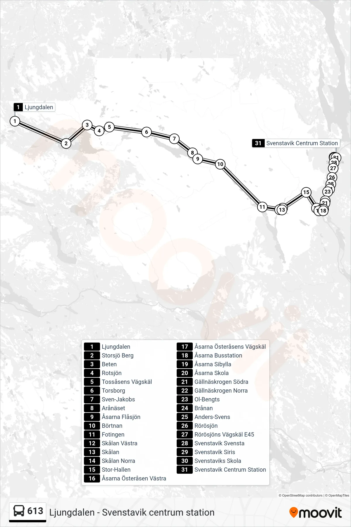 Rutt och hållplatser på karta för linje 613 spårvagn, (Svenstavik Centrum Station)