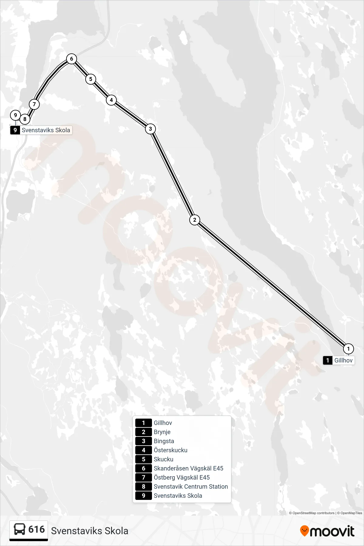 Rutt och hållplatser på karta för linje 616  spårvagn, (Svenstaviks Skola)