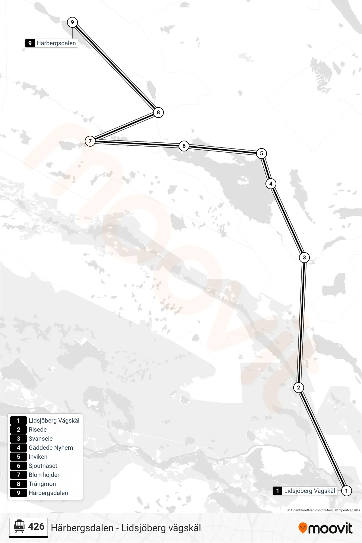 Rutt och hållplatser på karta för linje 426 spårvagn, (Härbergsdalen)