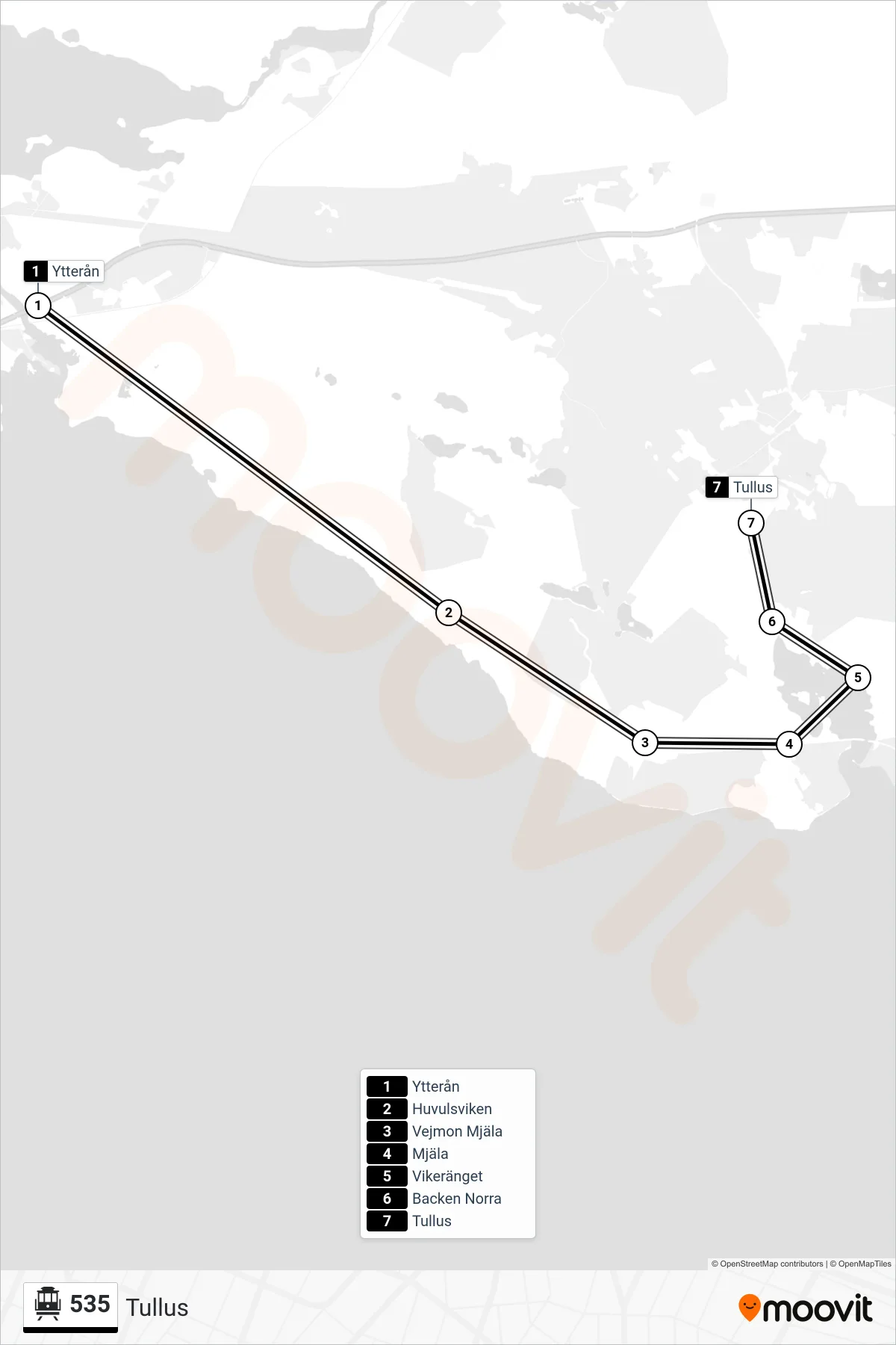 Rutt och hållplatser på karta för linje 535 spårvagn, (Tullus)