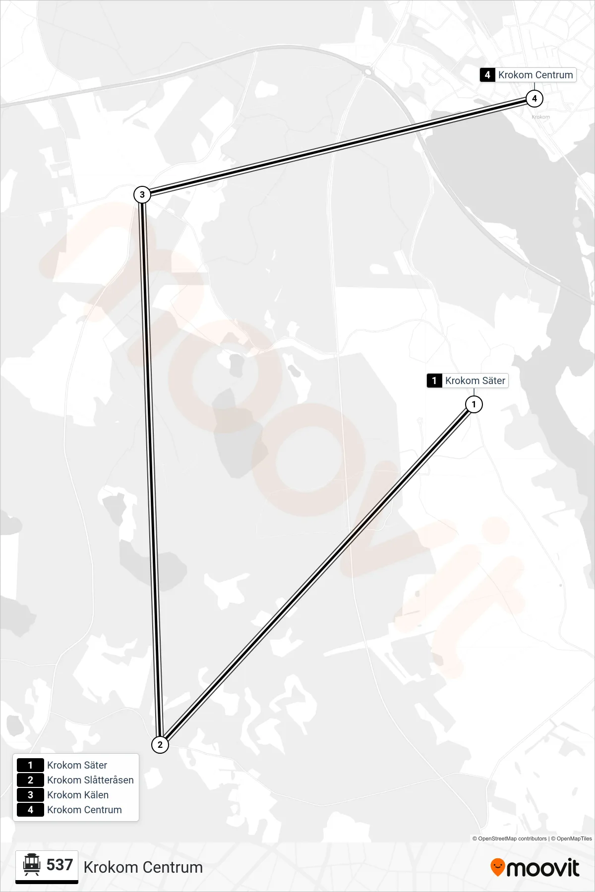 Rutt och hållplatser på karta för linje 537  spårvagn, (Krokom Centrum)