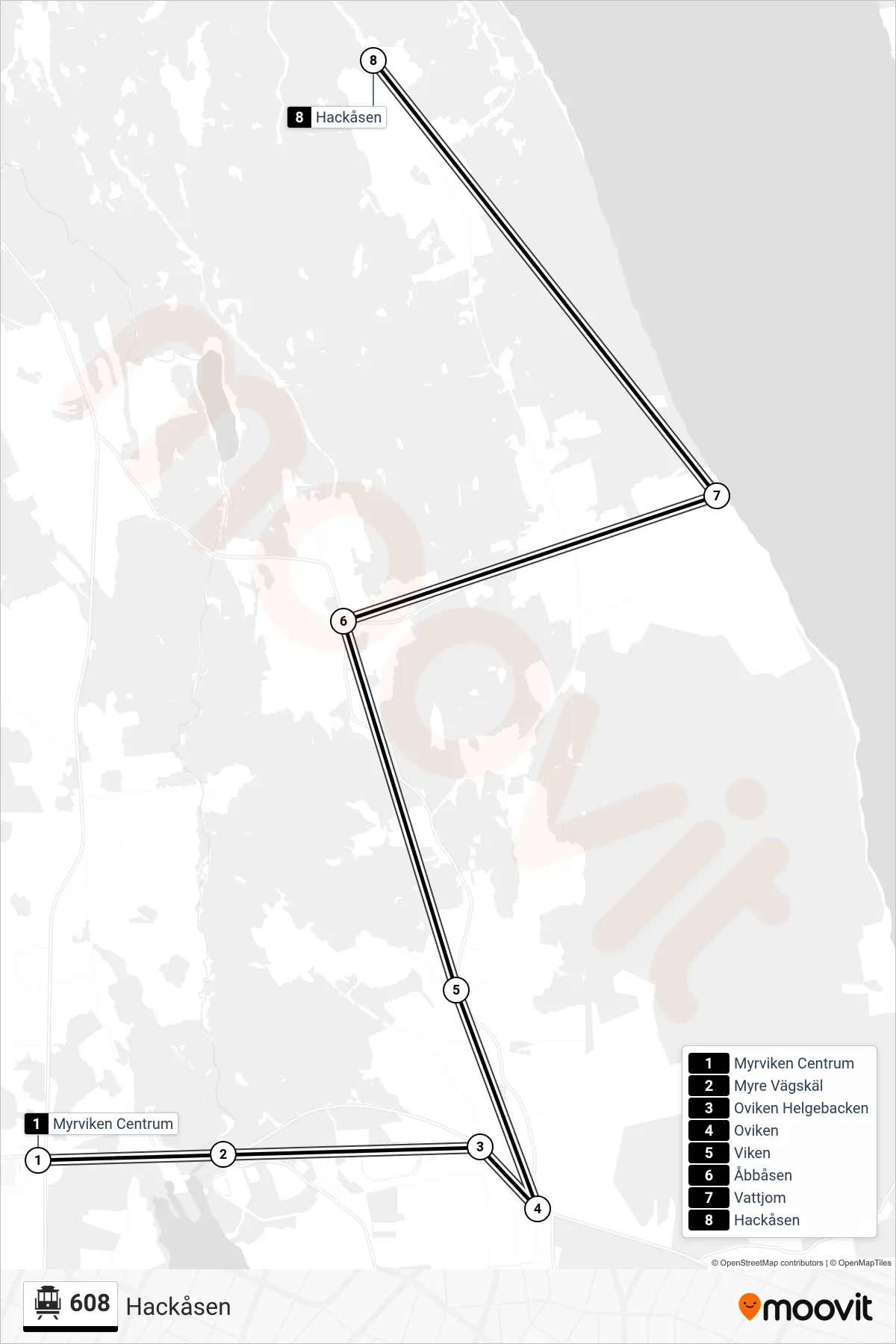Rutt och hållplatser på karta för linje 608 spårvagn, (Hackåsen)