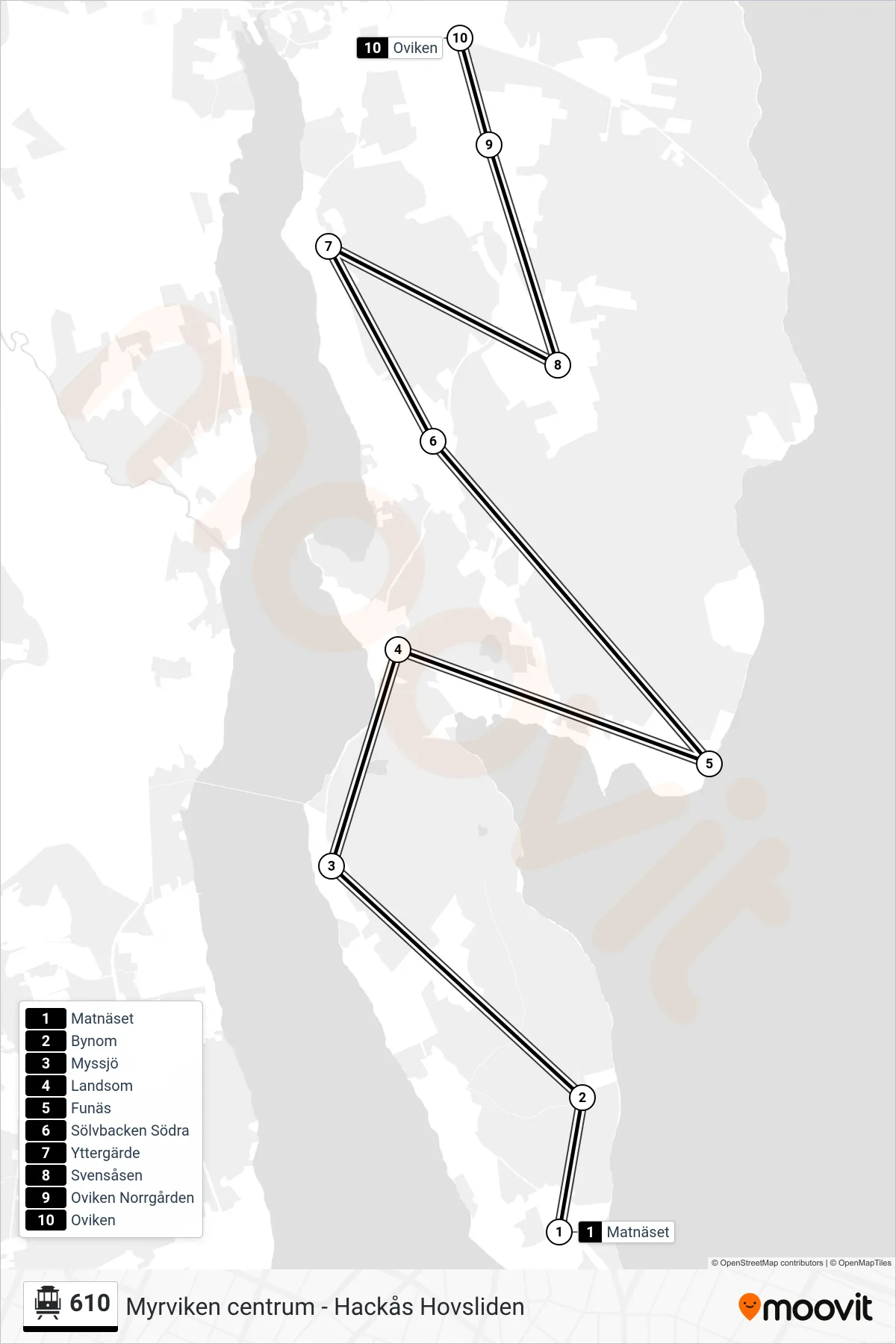Rutt och hållplatser på karta för linje 610  spårvagn, (Oviken)