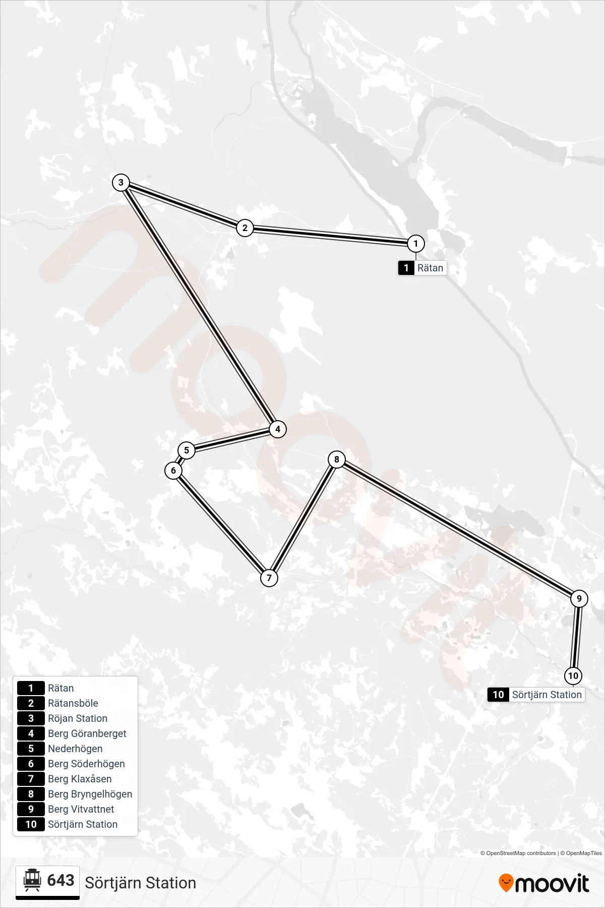 Rutt och hållplatser på karta för linje 643  spårvagn, (Sörtjärn Station)