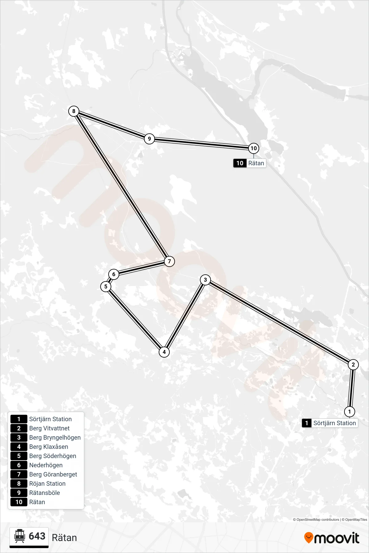 Rutt och hållplatser på karta för linje 643  spårvagn, (Rätan)