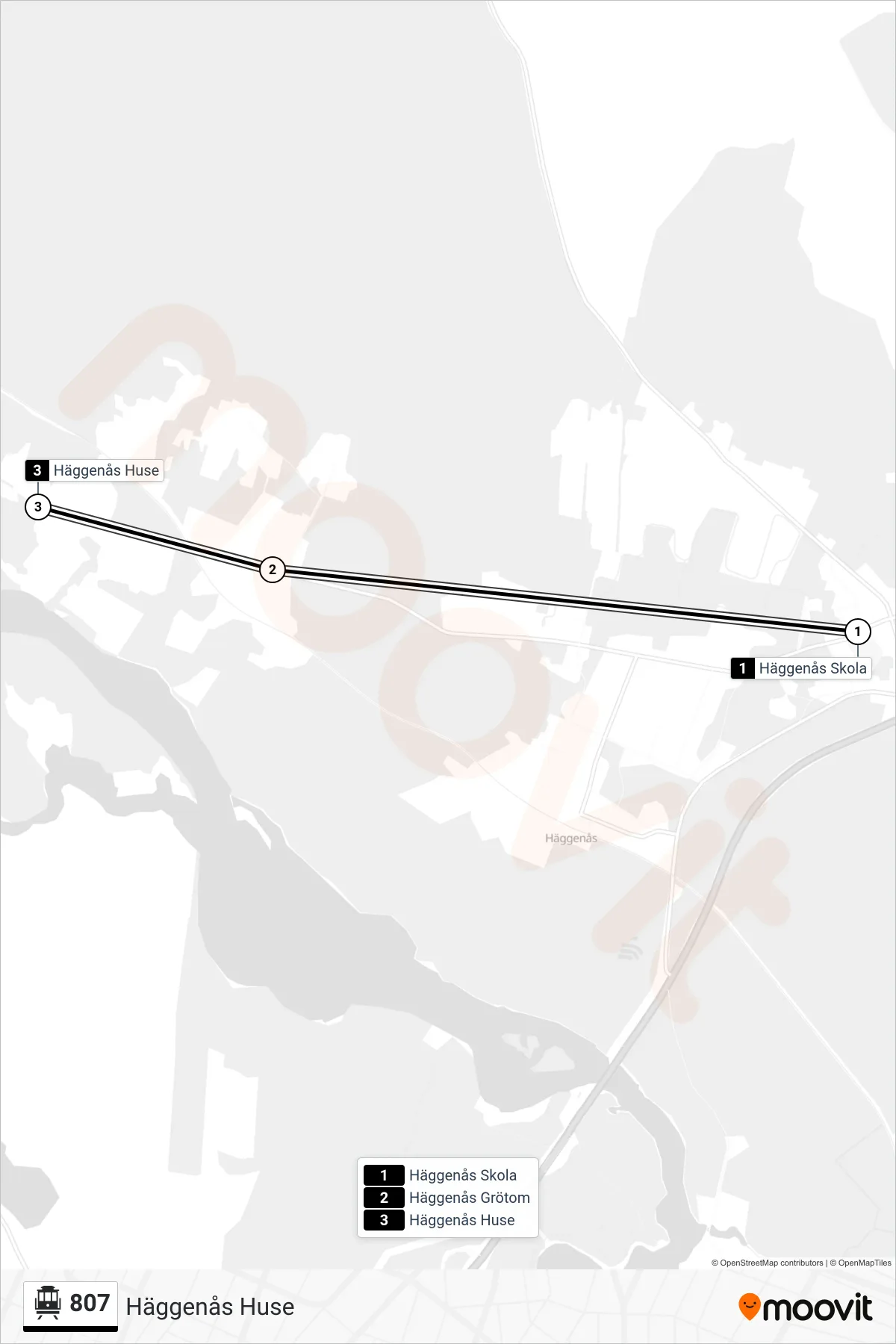 Rutt och hållplatser på karta för linje 807  spårvagn, (Häggenås Huse)