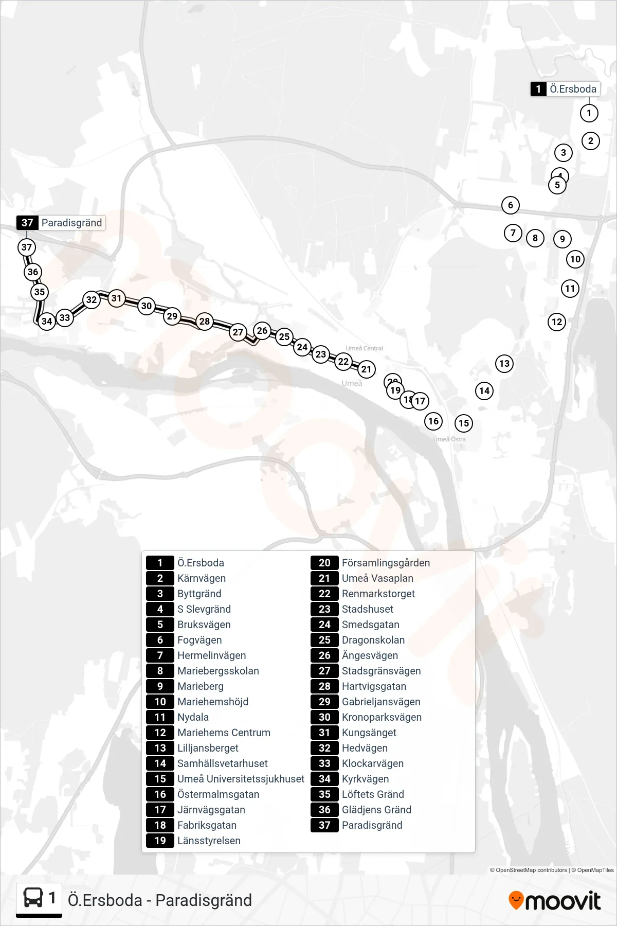 Rutt och hållplatser på karta för linje 1 spårvagn, (Paradisgränd)