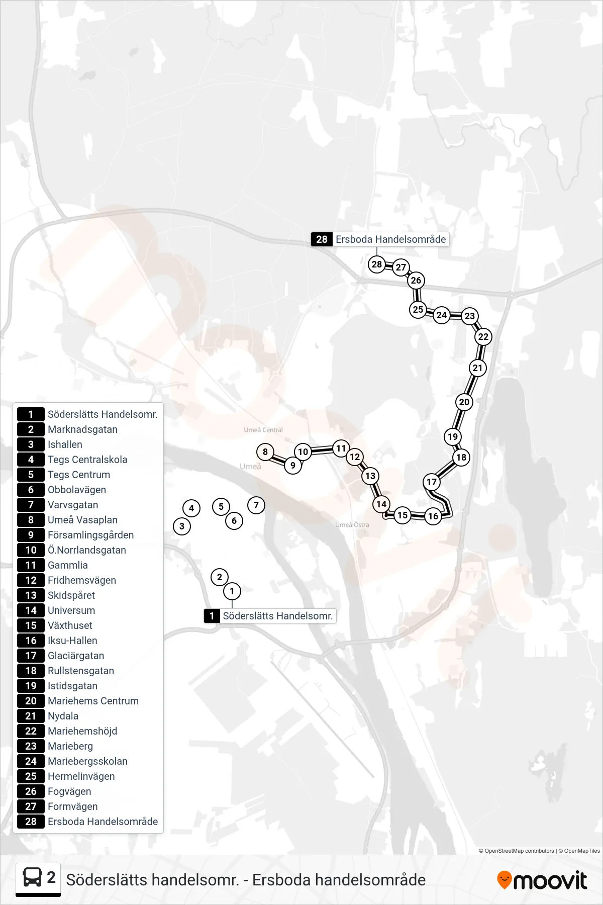 Rutt och hållplatser på karta för linje 2  spårvagn, (Ersboda Handelsområde)