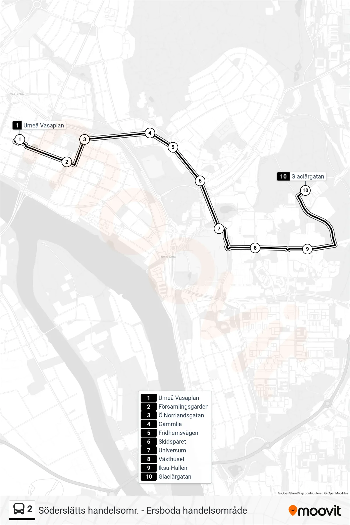 Rutt och hållplatser på karta för linje 2  spårvagn, (Glaciärgatan)