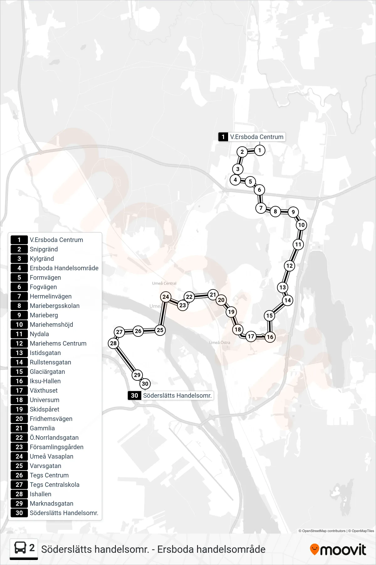 Rutt och hållplatser på karta för linje 2 spårvagn, (Söderslätts Handelsomr.)