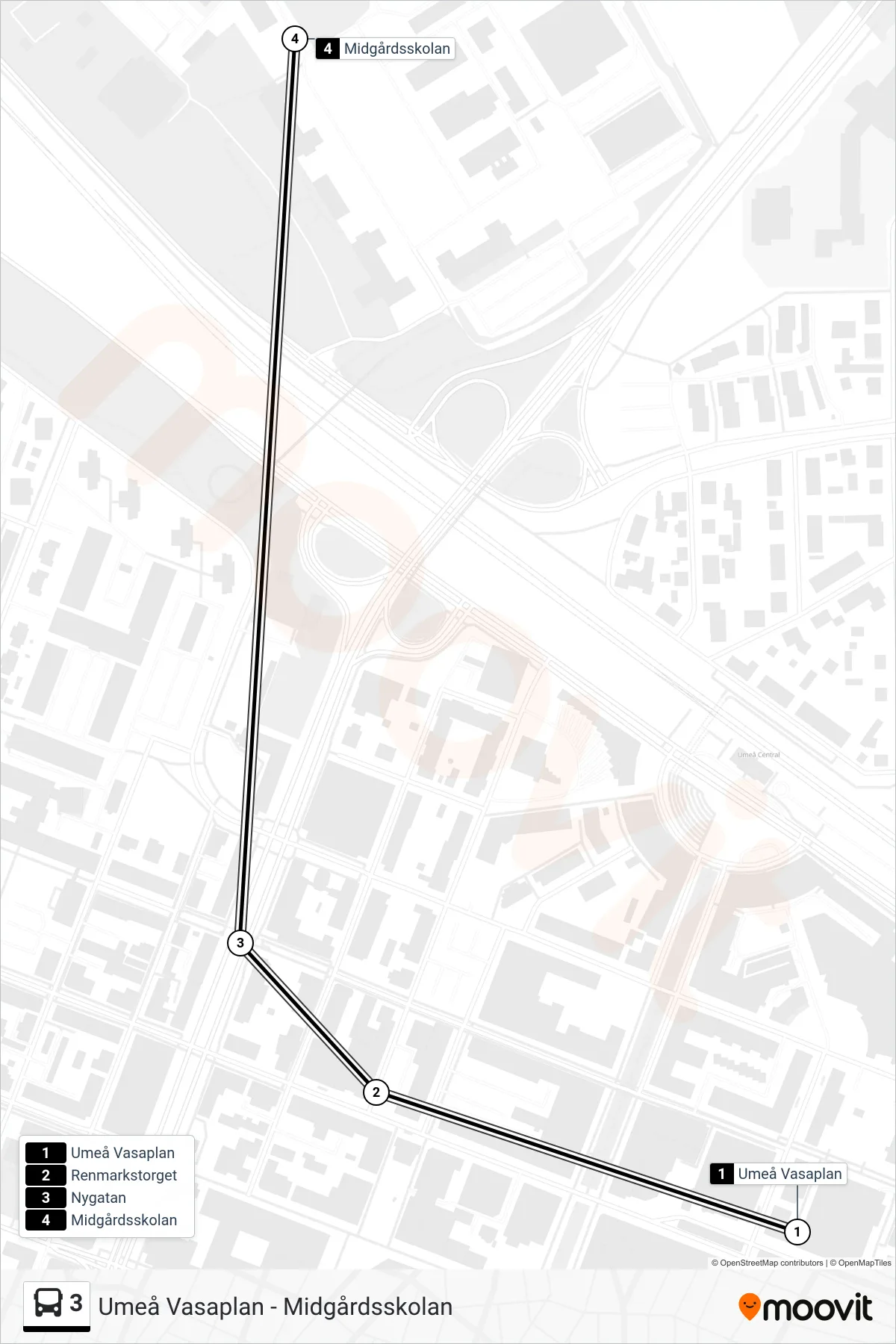 Rutt och hållplatser på karta för linje 3 spårvagn, (Midgårdsskolan)
