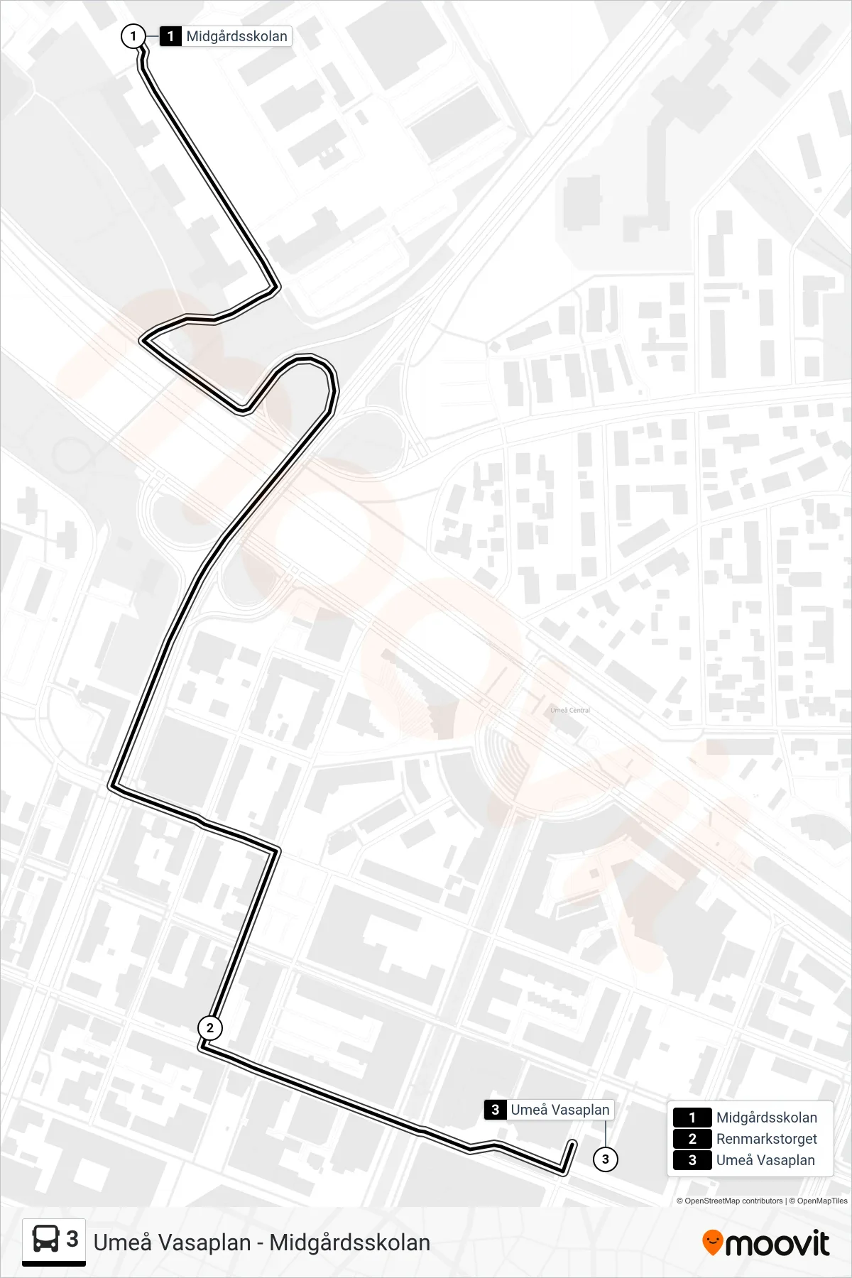 Rutt och hållplatser på karta för linje 3 spårvagn, (Umeå Vasaplan)