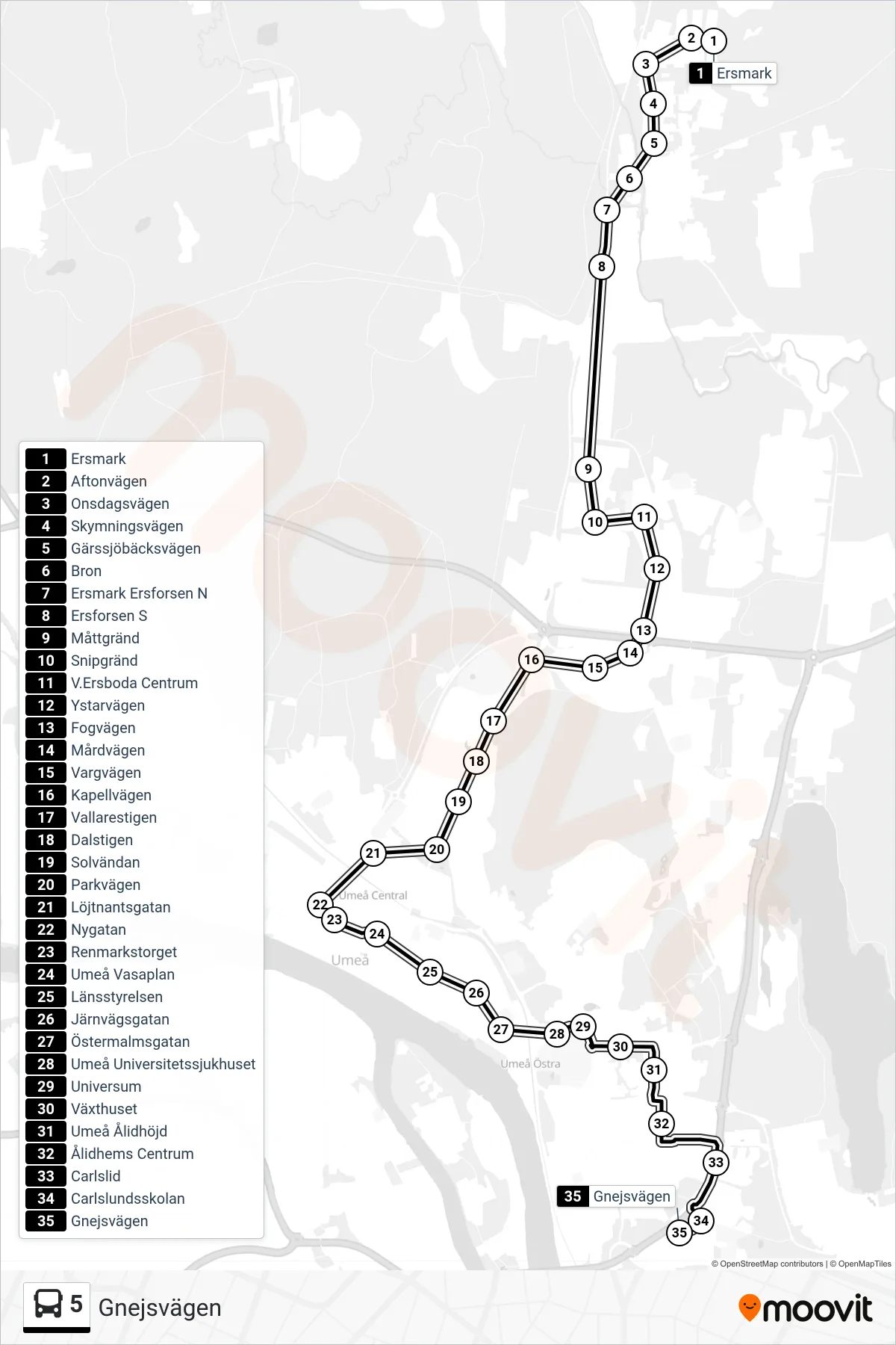 Rutt och hållplatser på karta för linje 5 spårvagn, (Gnejsvägen)