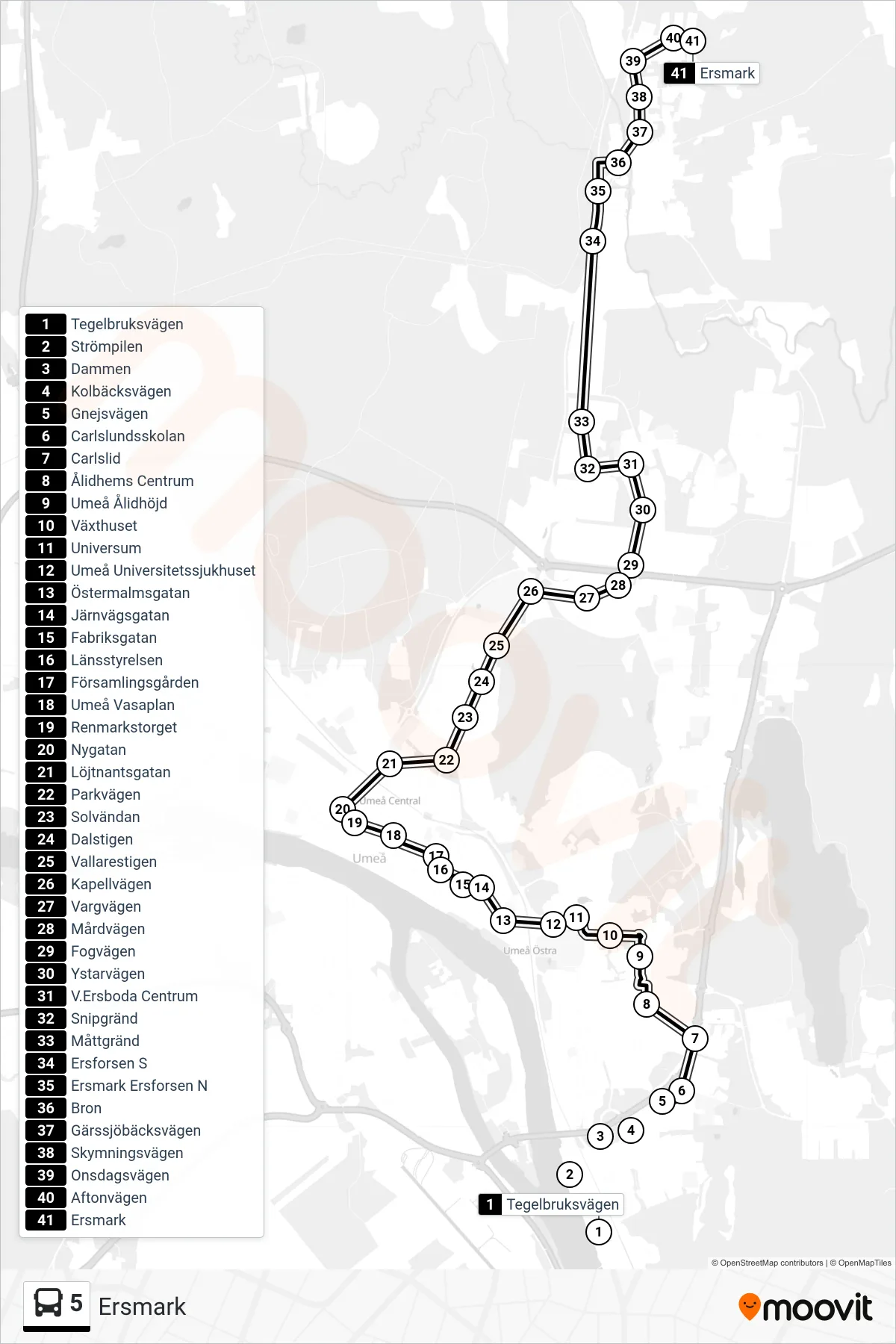 Rutt och hållplatser på karta för linje 5 spårvagn, (Ersmark)