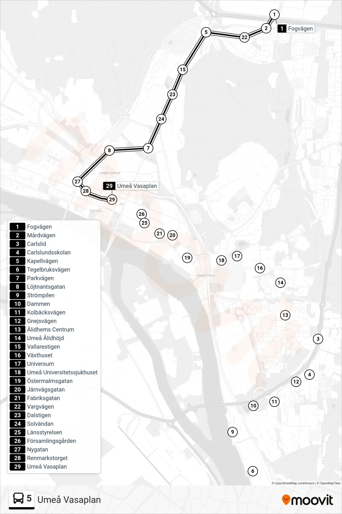 Rutt och hållplatser på karta för linje 5 spårvagn, (Umeå Vasaplan)