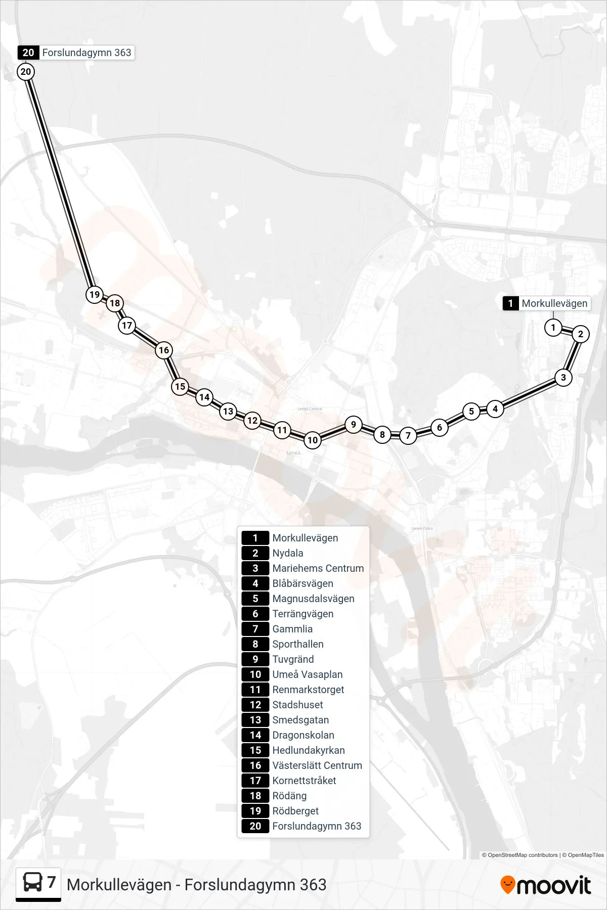Rutt och hållplatser på karta för linje 7 spårvagn, (Forslundagymn 363)