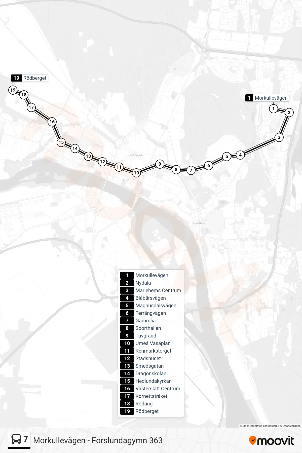 Rutt och hållplatser på karta för linje 7 spårvagn, (Rödberget)