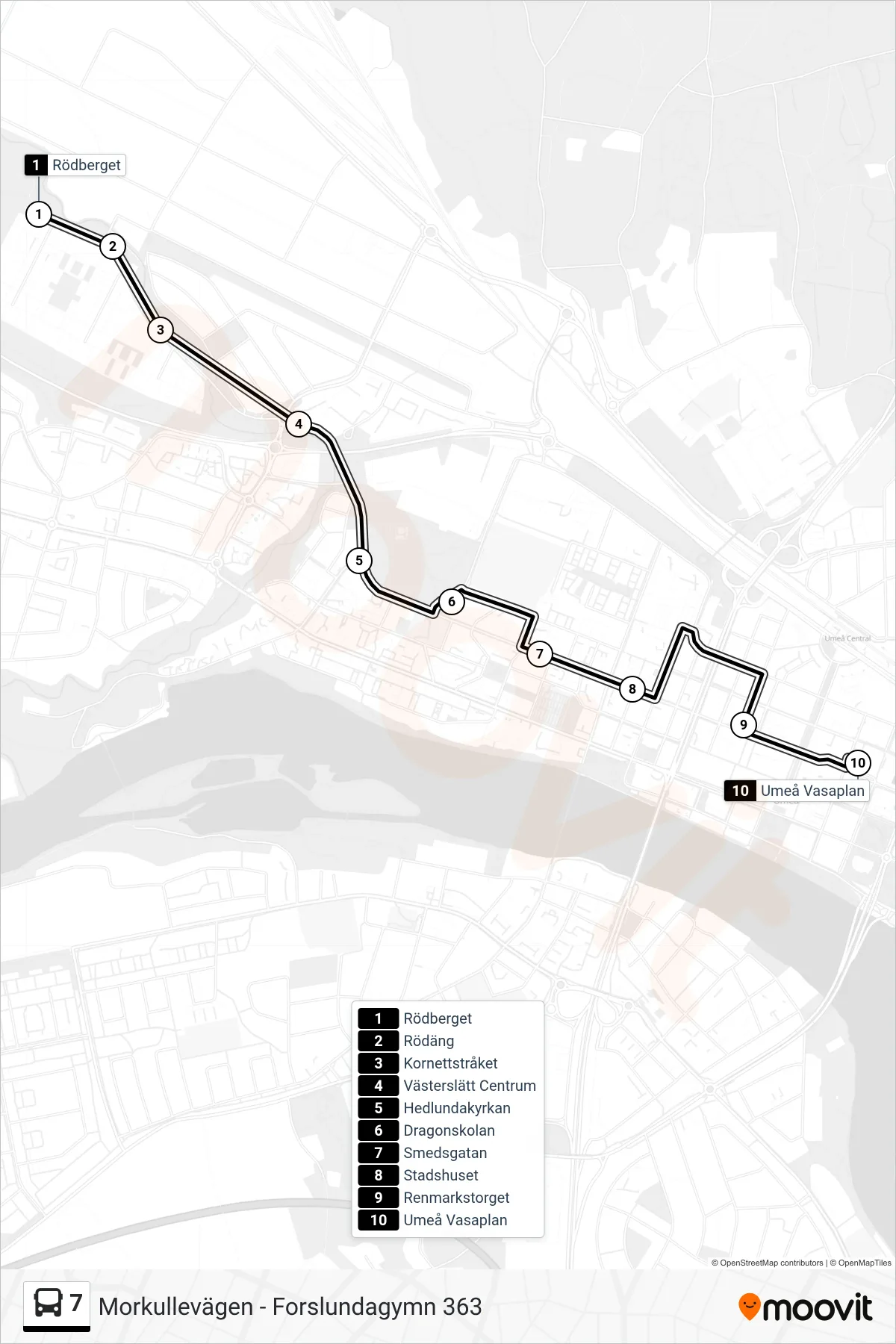 Rutt och hållplatser på karta för linje 7 spårvagn, (Umeå Vasaplan)
