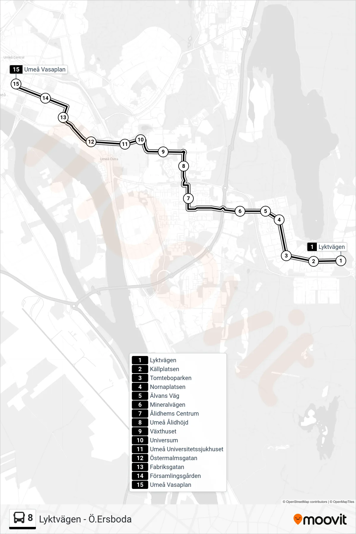 Rutt och hållplatser på karta för linje 8 spårvagn, (Umeå Vasaplan)