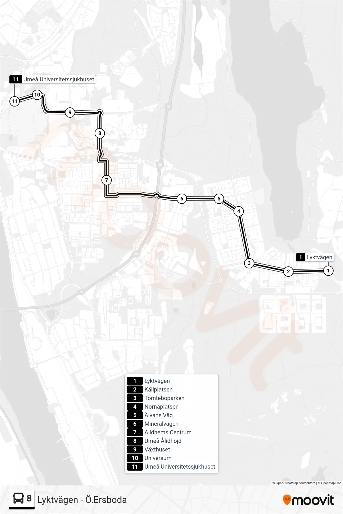 Rutt och hållplatser på karta för linje 8  spårvagn, (Umeå Universitetssjukhuset)