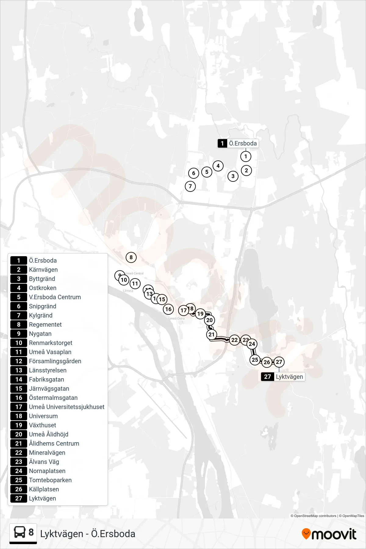 Rutt och hållplatser på karta för linje 8  spårvagn, (Lyktvägen)