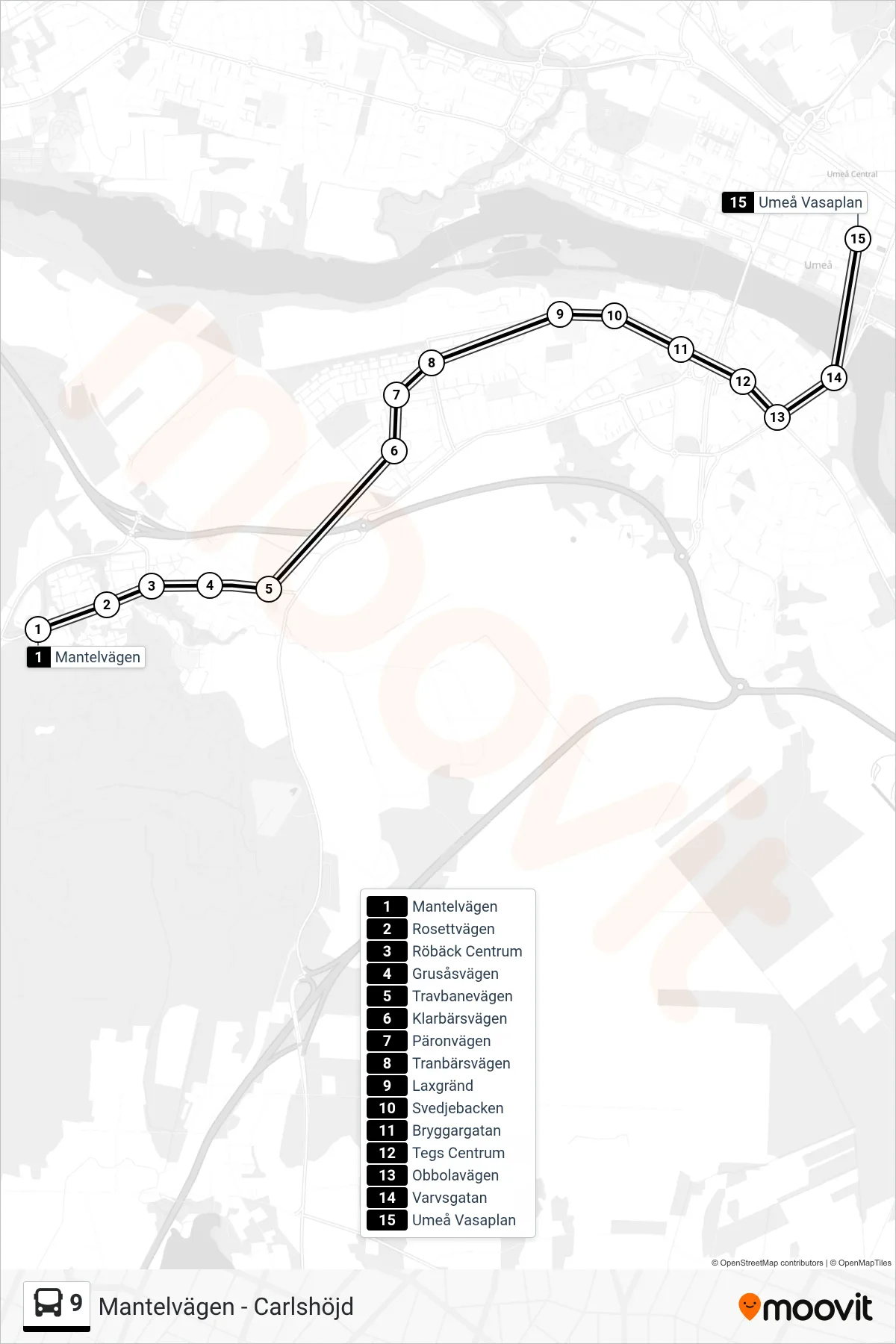 Rutt och hållplatser på karta för linje 9 spårvagn, (Umeå Vasaplan)