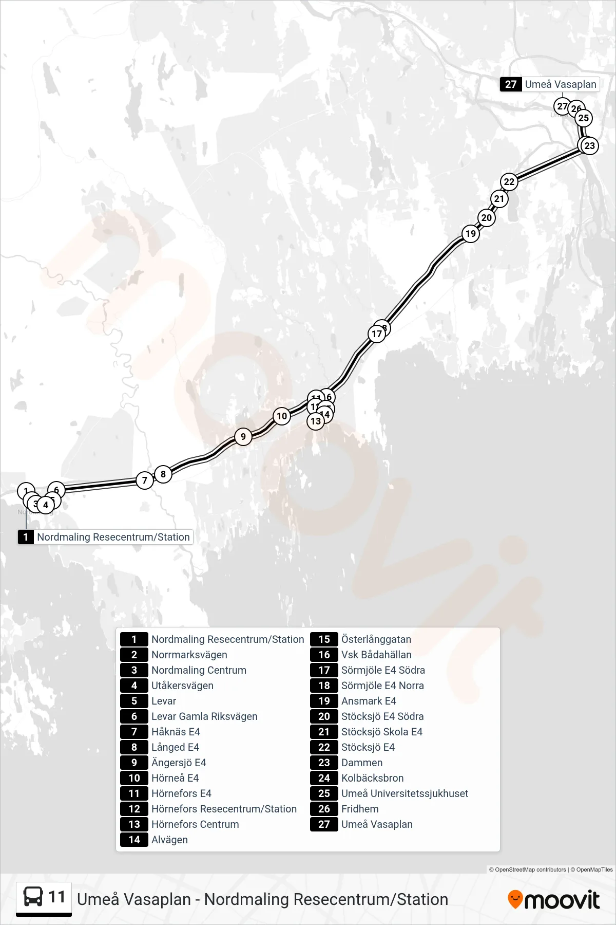 Rutt och hållplatser på karta för linje 11  spårvagn, (Umeå Vasaplan)