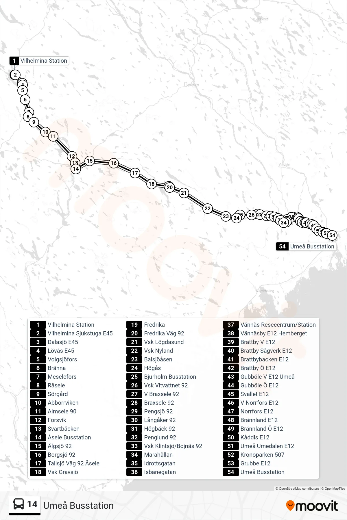 Rutt och hållplatser på karta för linje 14 spårvagn, (Umeå Busstation)