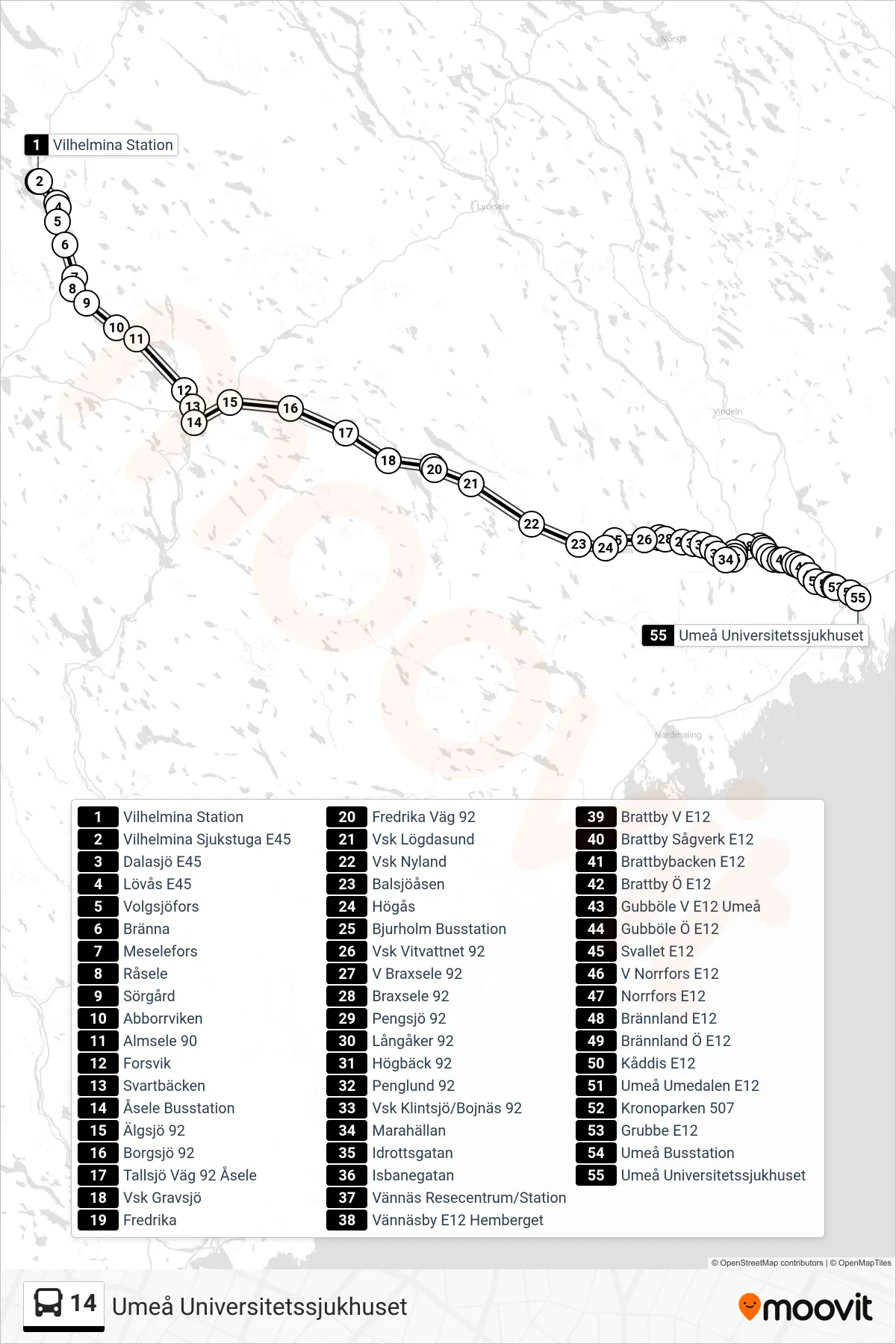 Rutt och hållplatser på karta för linje 14 spårvagn, (Umeå Universitetssjukhuset)