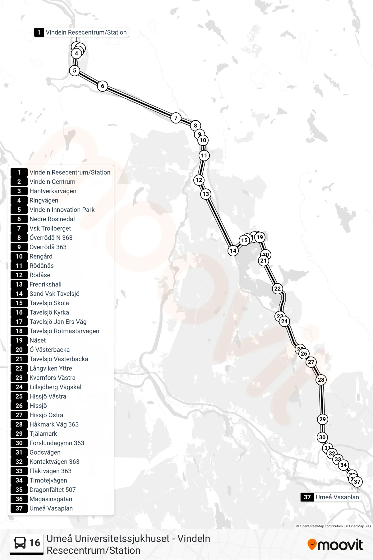 Rutt och hållplatser på karta för linje 16 spårvagn, (Umeå Vasaplan)