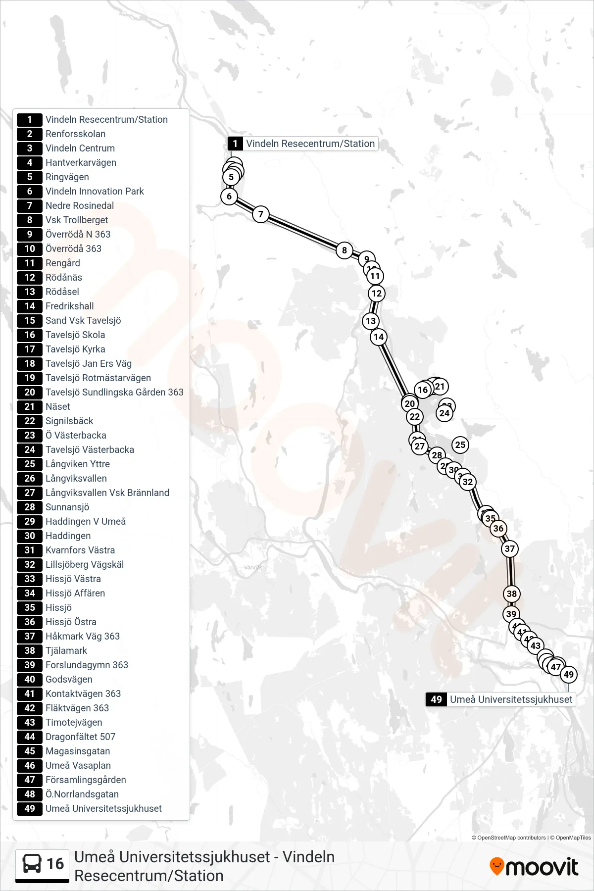 Rutt och hållplatser på karta för linje 16 spårvagn, (Umeå Universitetssjukhuset)