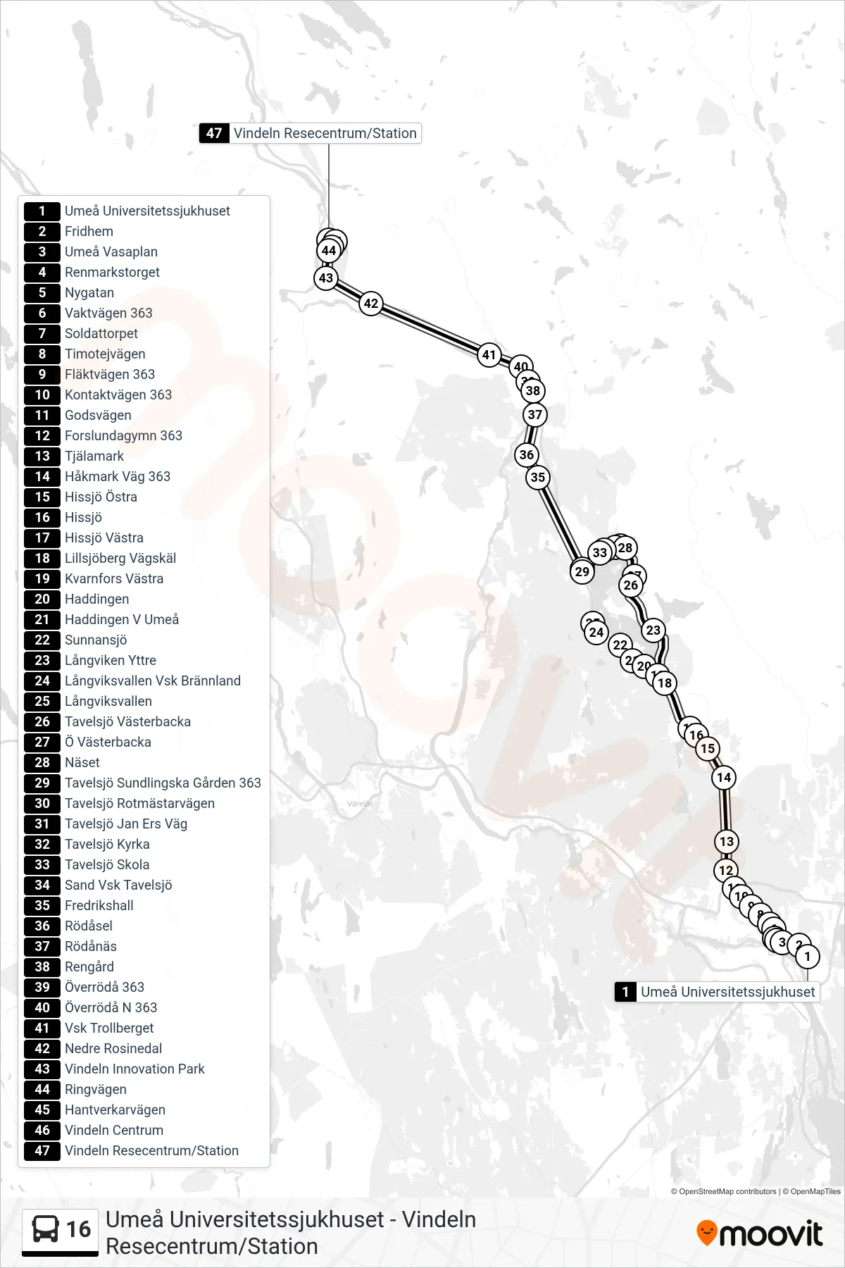 Rutt och hållplatser på karta för linje 16  spårvagn, (Vindeln Resecentrum/Station)