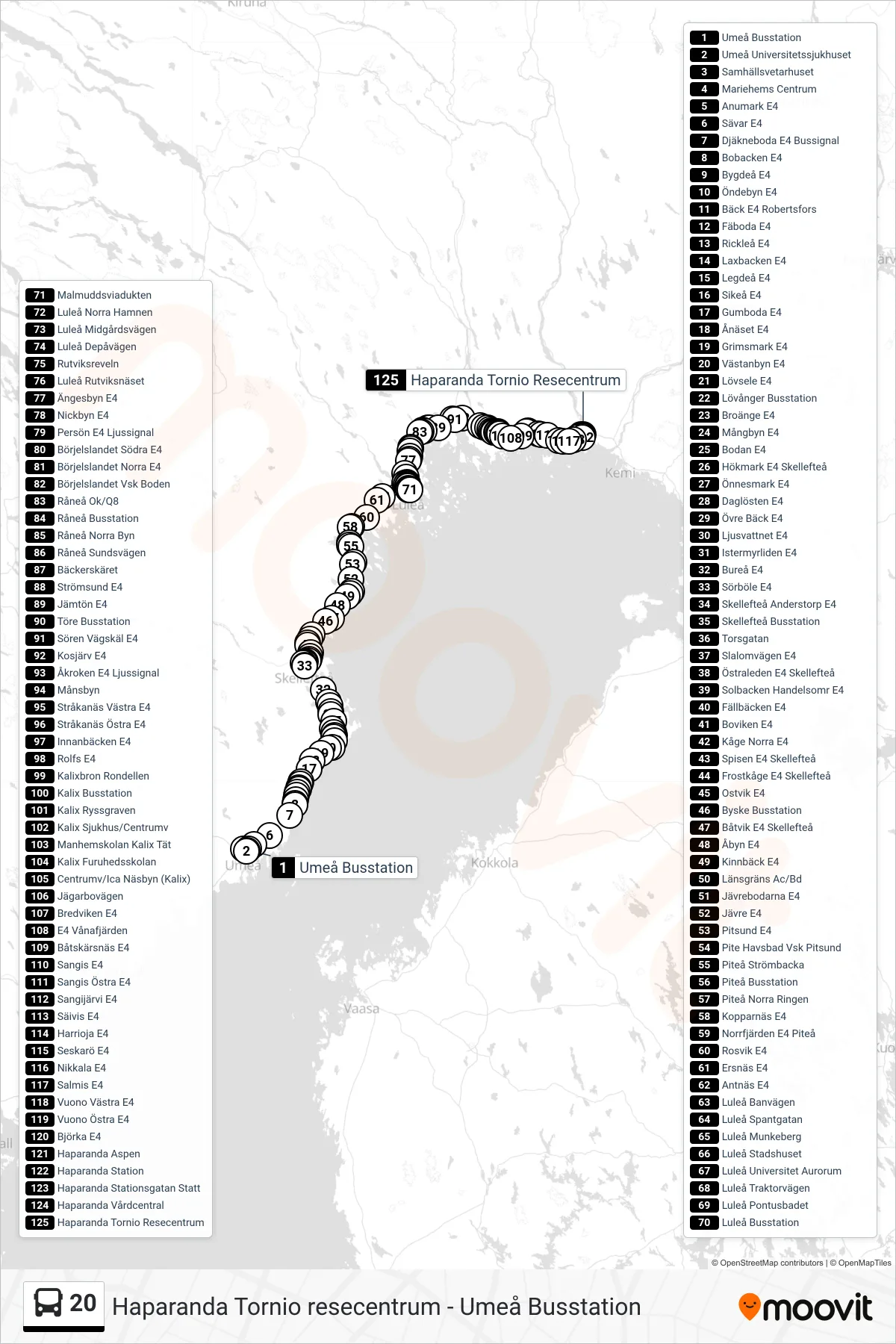 Rutt och hållplatser på karta för linje 20  spårvagn, (Haparanda Tornio Resecentrum)