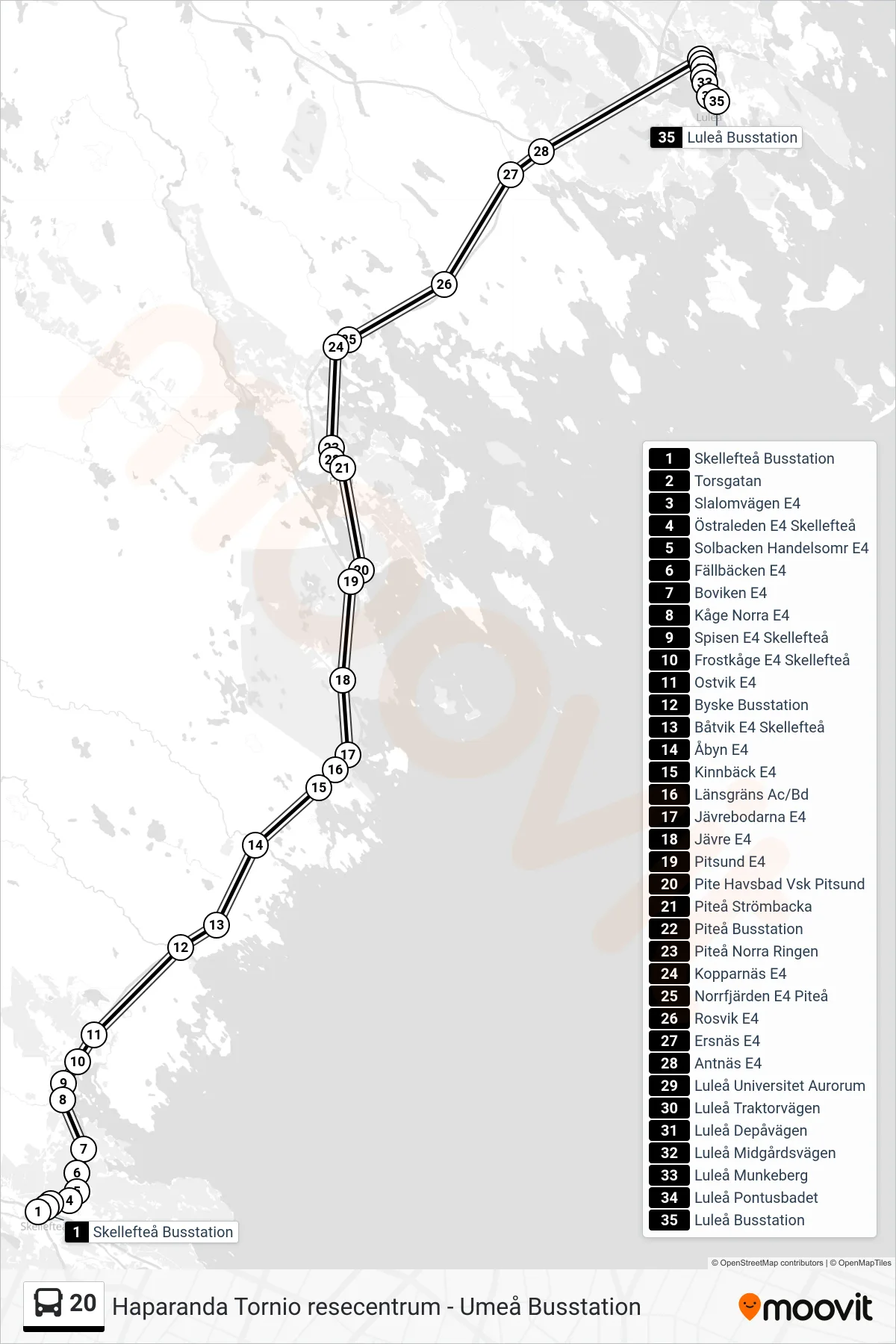 Rutt och hållplatser på karta för linje 20 spårvagn, (Luleå Busstation)