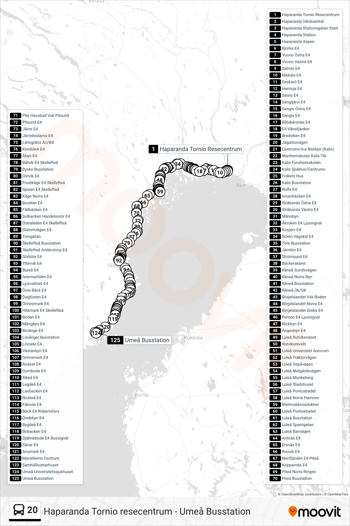Rutt och hållplatser på karta för linje 20 spårvagn, (Umeå Busstation)