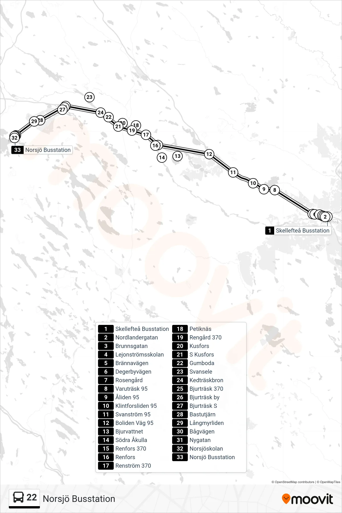 Rutt och hållplatser på karta för linje 22 spårvagn, (Norsjö Busstation)