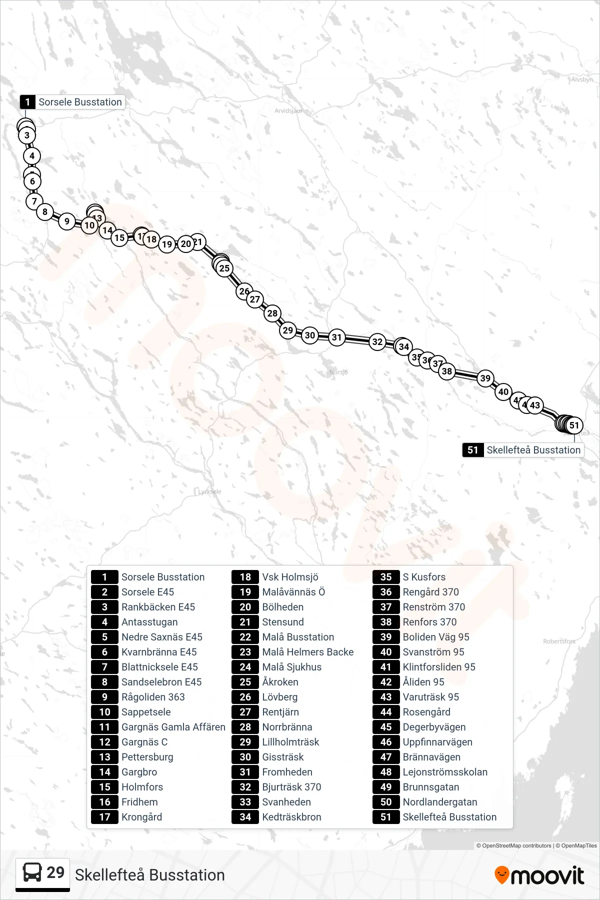 Rutt och hållplatser på karta för linje 29 spårvagn, (Skellefteå Busstation)