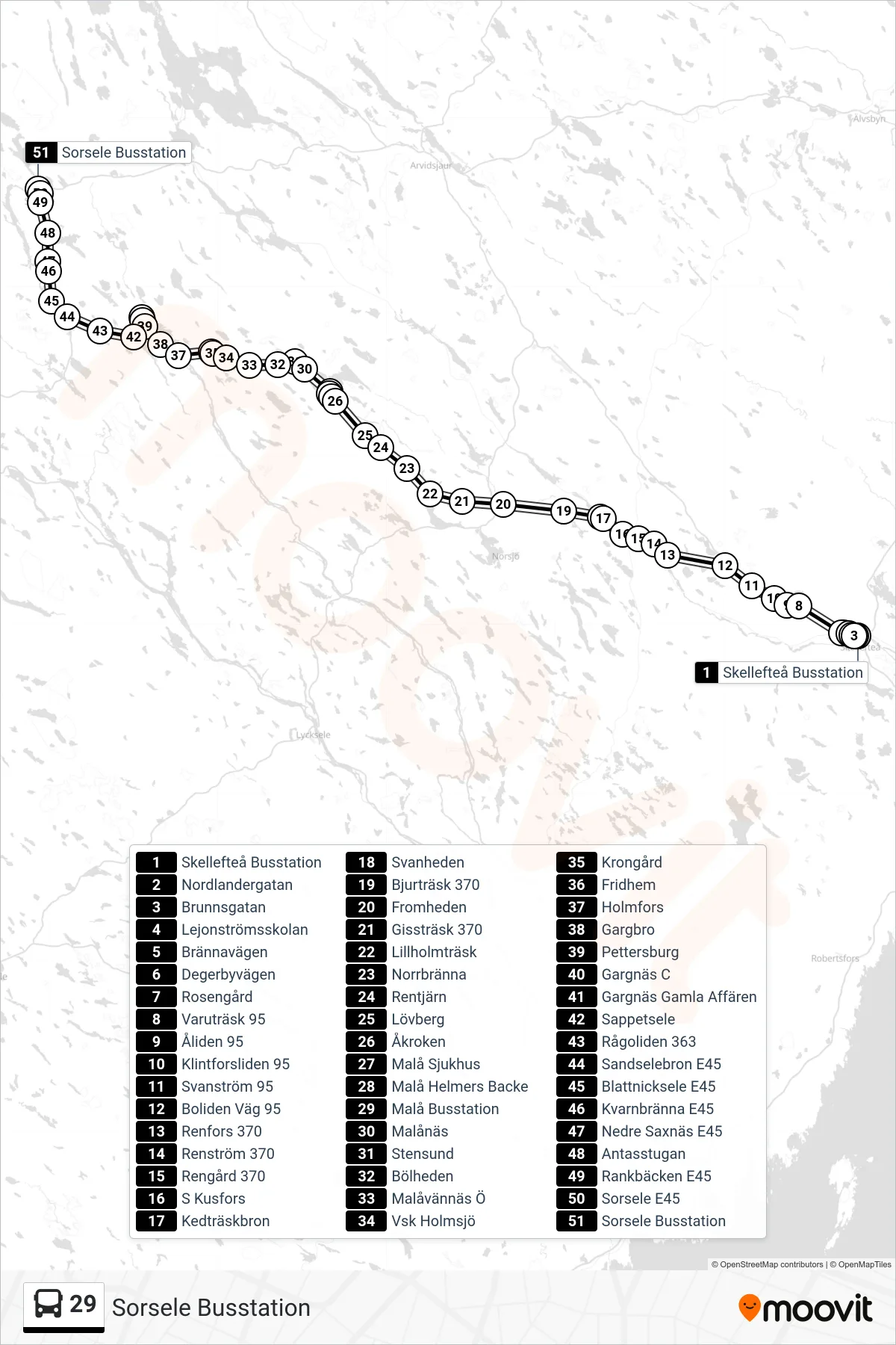 Rutt och hållplatser på karta för linje 29 spårvagn, (Sorsele Busstation)