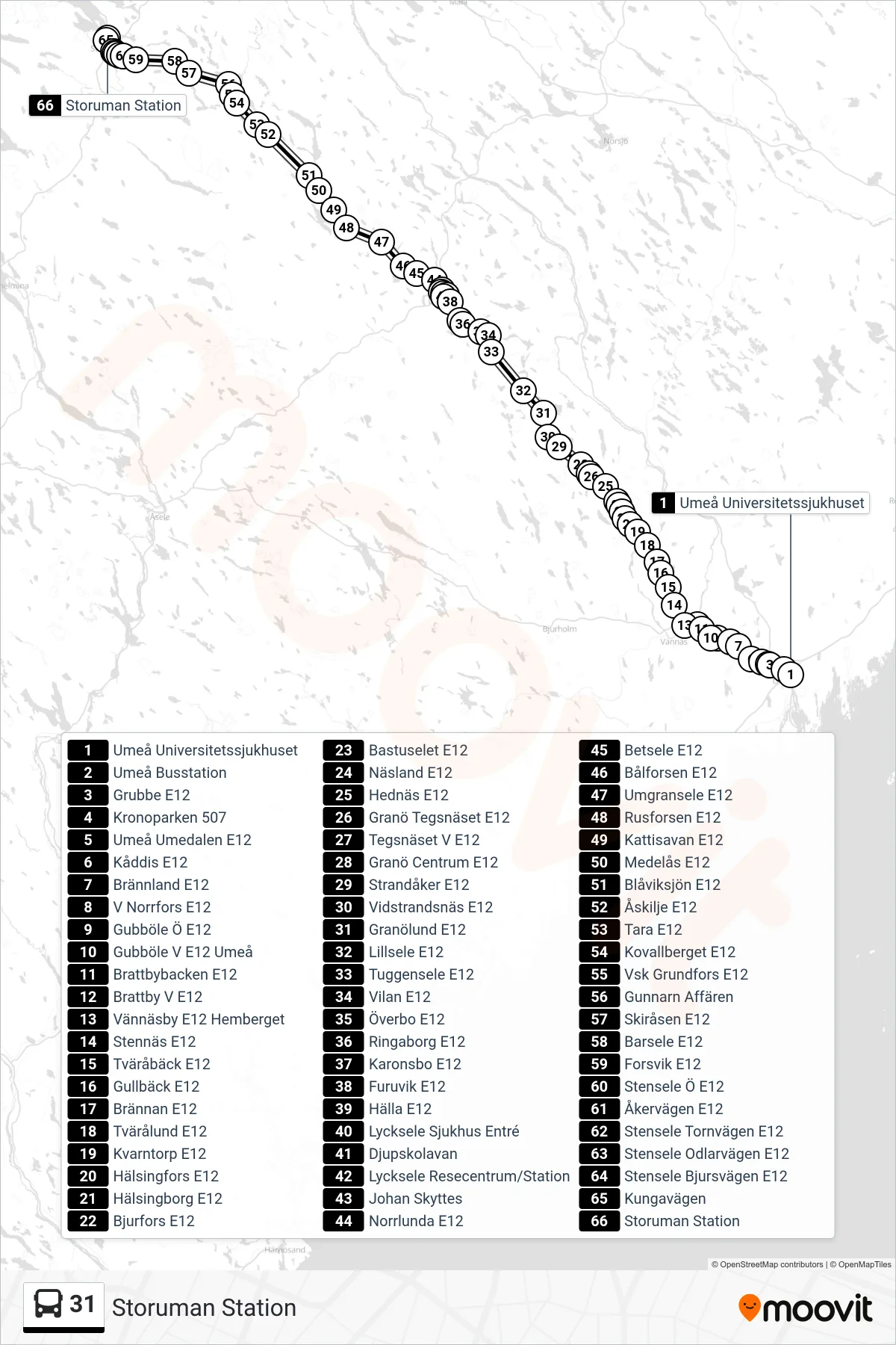 Rutt och hållplatser på karta för linje 31 spårvagn, (Storuman Station)