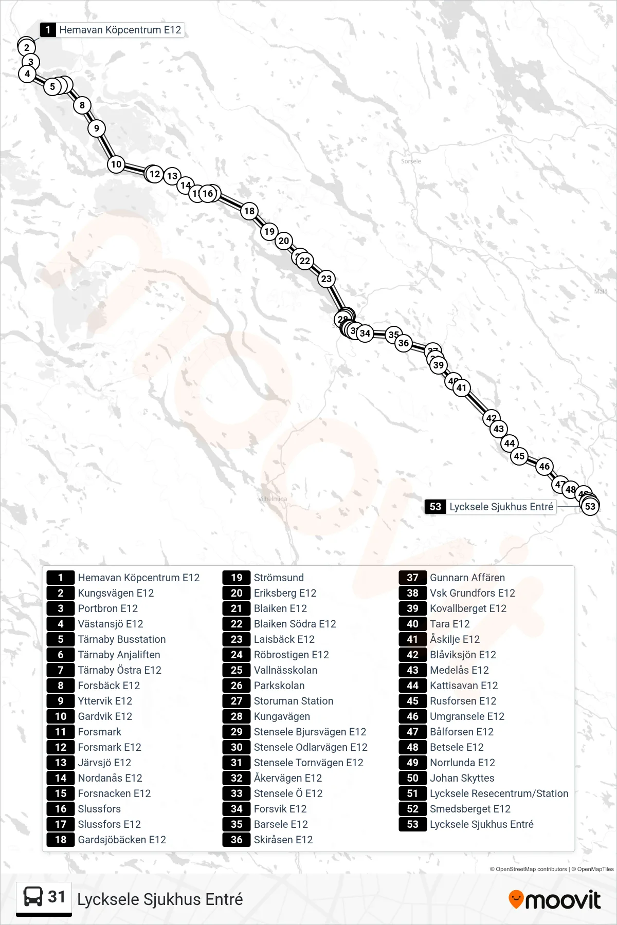 Rutt och hållplatser på karta för linje 31 spårvagn, (Lycksele Sjukhus Entré)