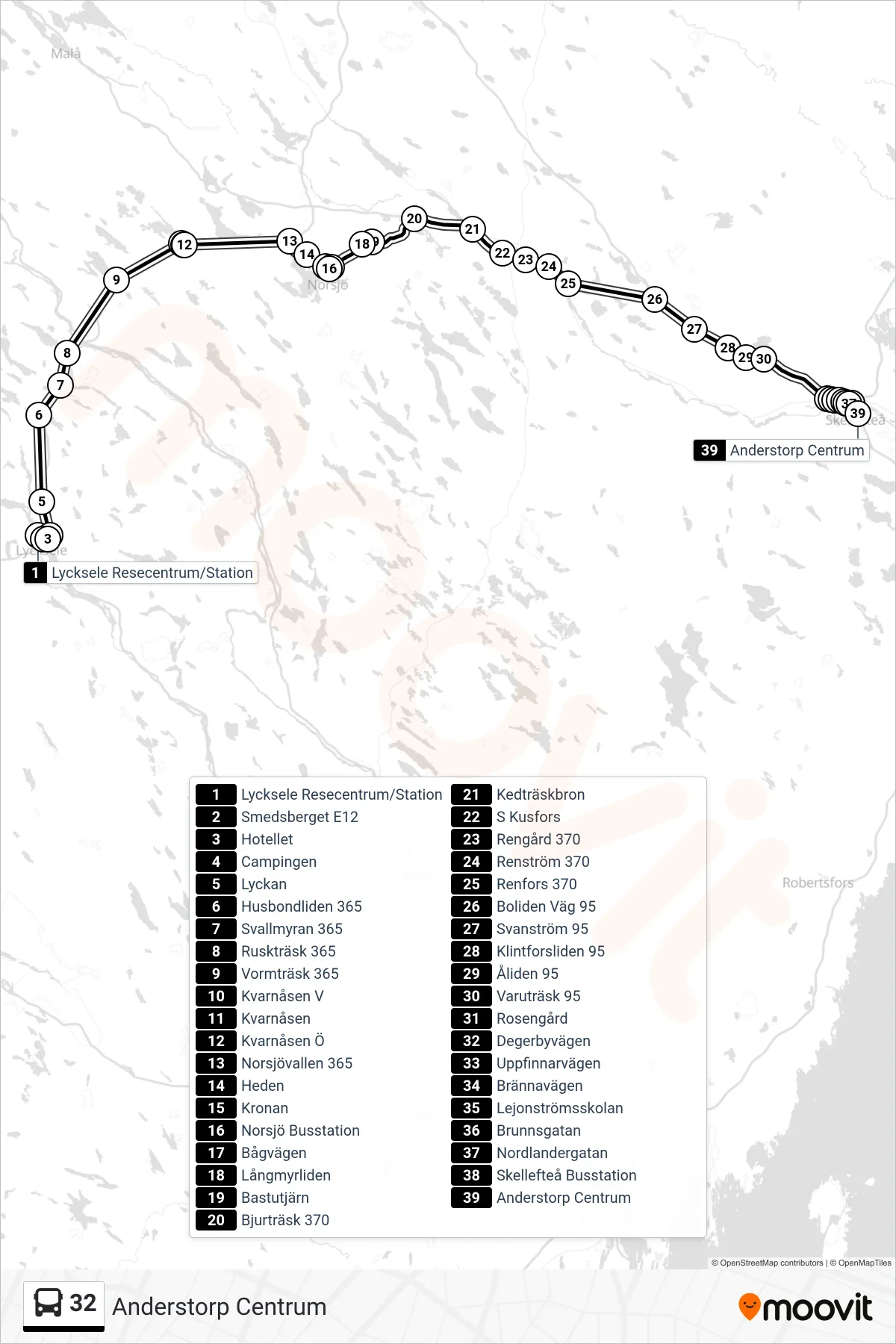 Rutt och hållplatser på karta för linje 32 spårvagn, (Anderstorp Centrum)