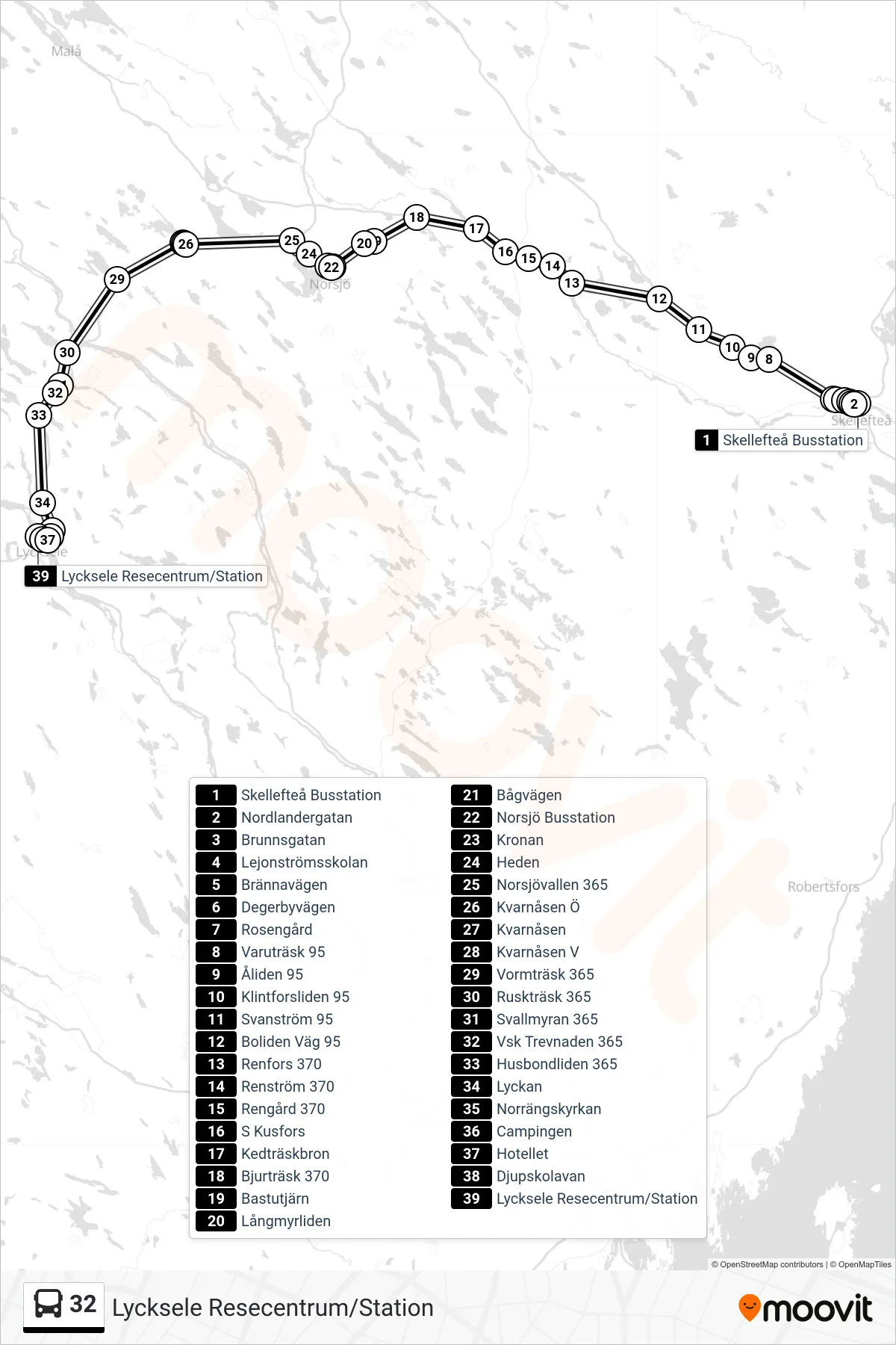 Rutt och hållplatser på karta för linje 32 spårvagn, (Lycksele Resecentrum/Station)