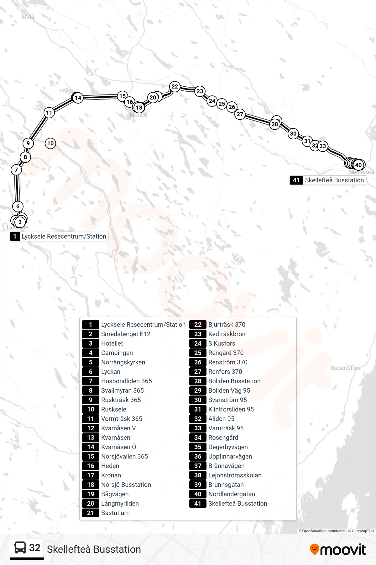 Rutt och hållplatser på karta för linje 32  spårvagn, (Skellefteå Busstation)