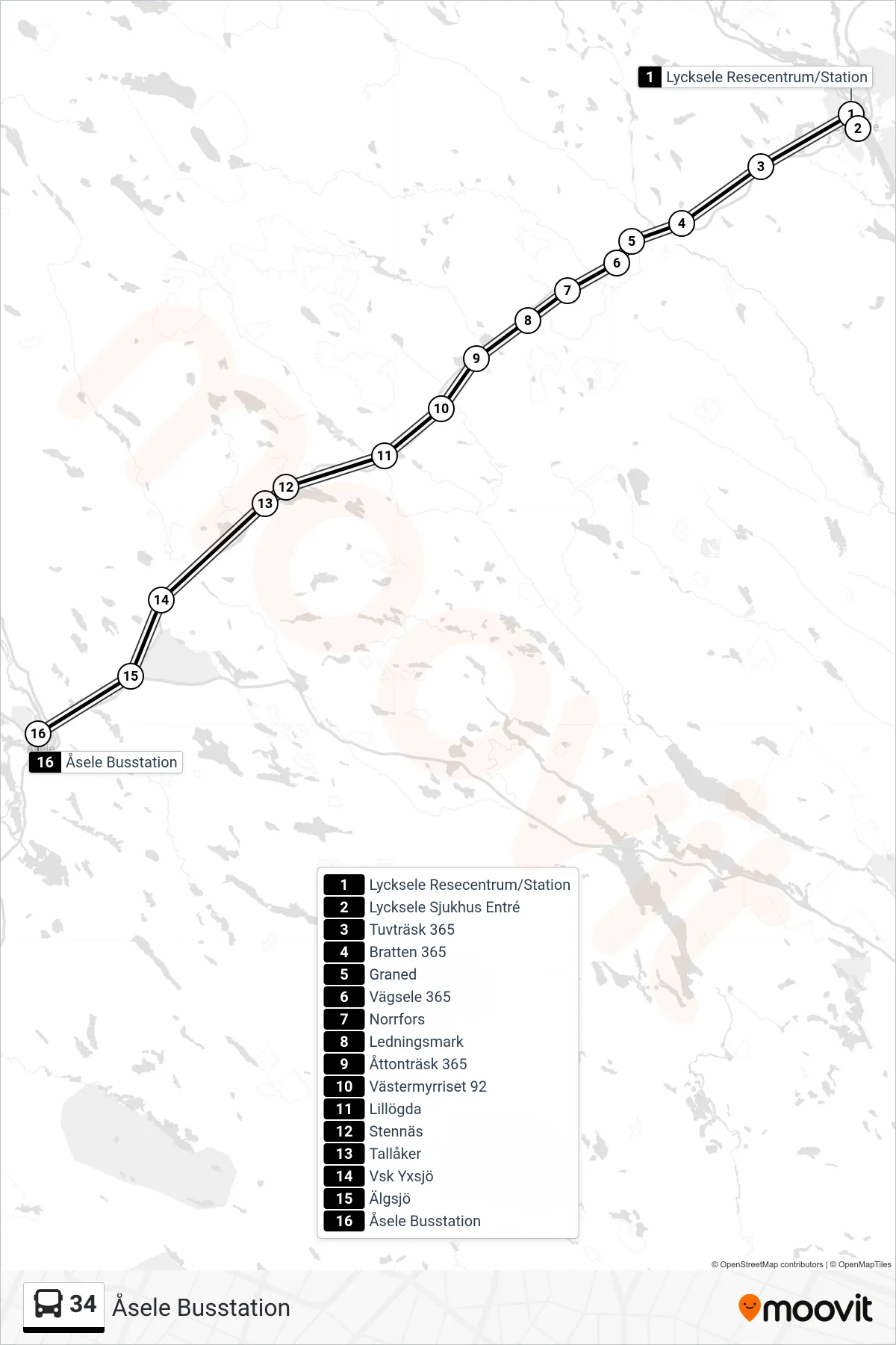 Rutt och hållplatser på karta för linje 34 spårvagn, (Åsele Busstation)