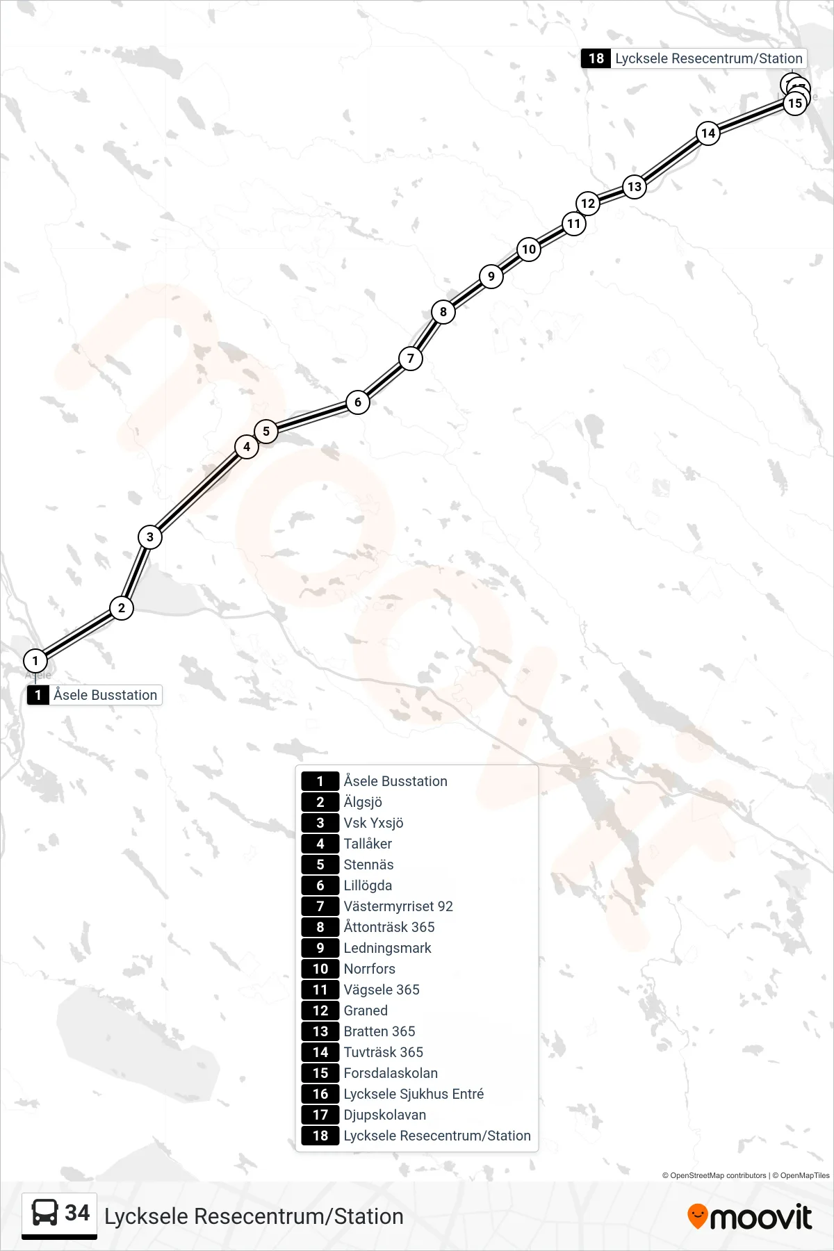 Rutt och hållplatser på karta för linje 34 spårvagn, (Lycksele Resecentrum/Station)