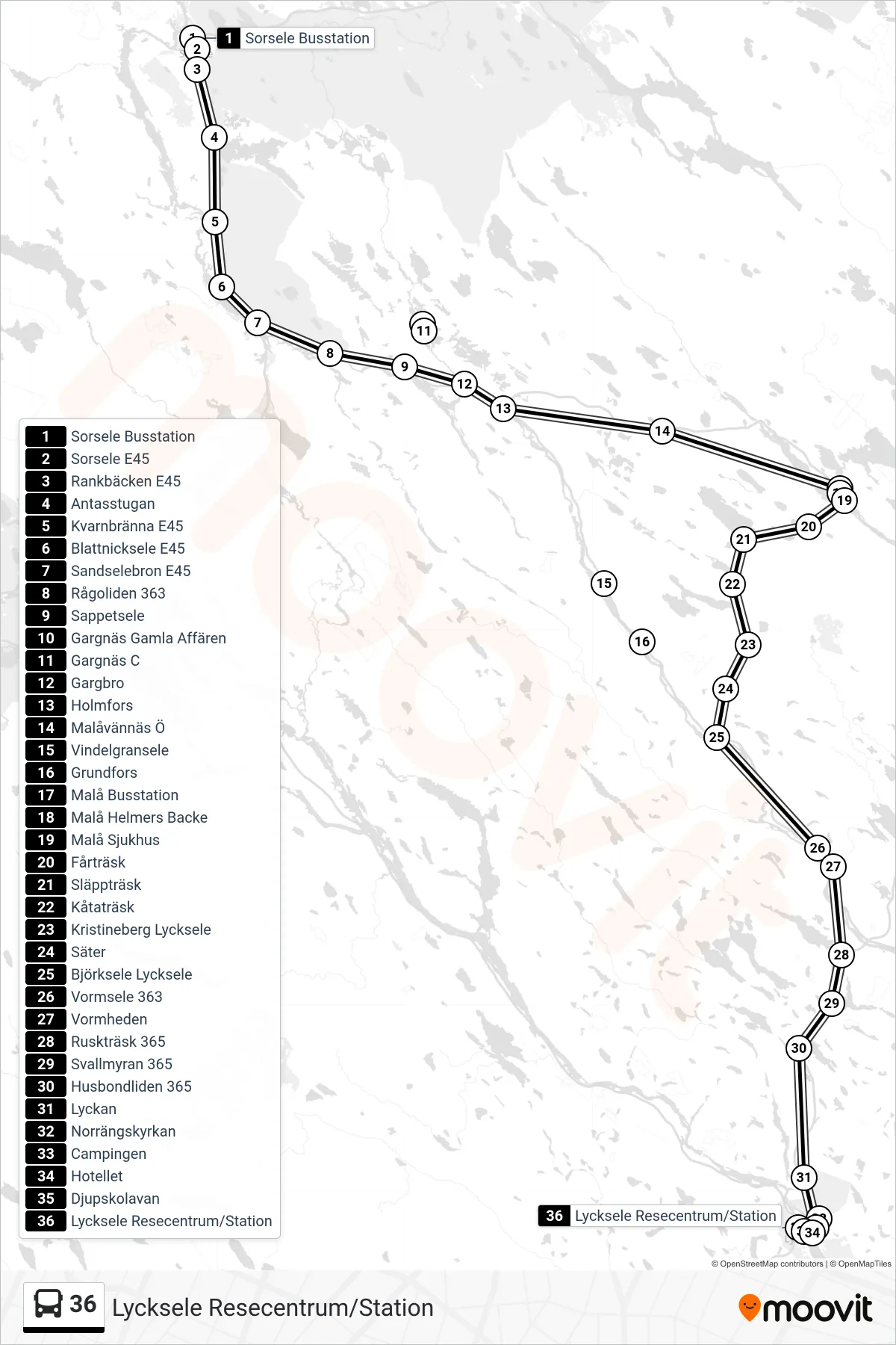Rutt och hållplatser på karta för linje 36 spårvagn, (Lycksele Resecentrum/Station)