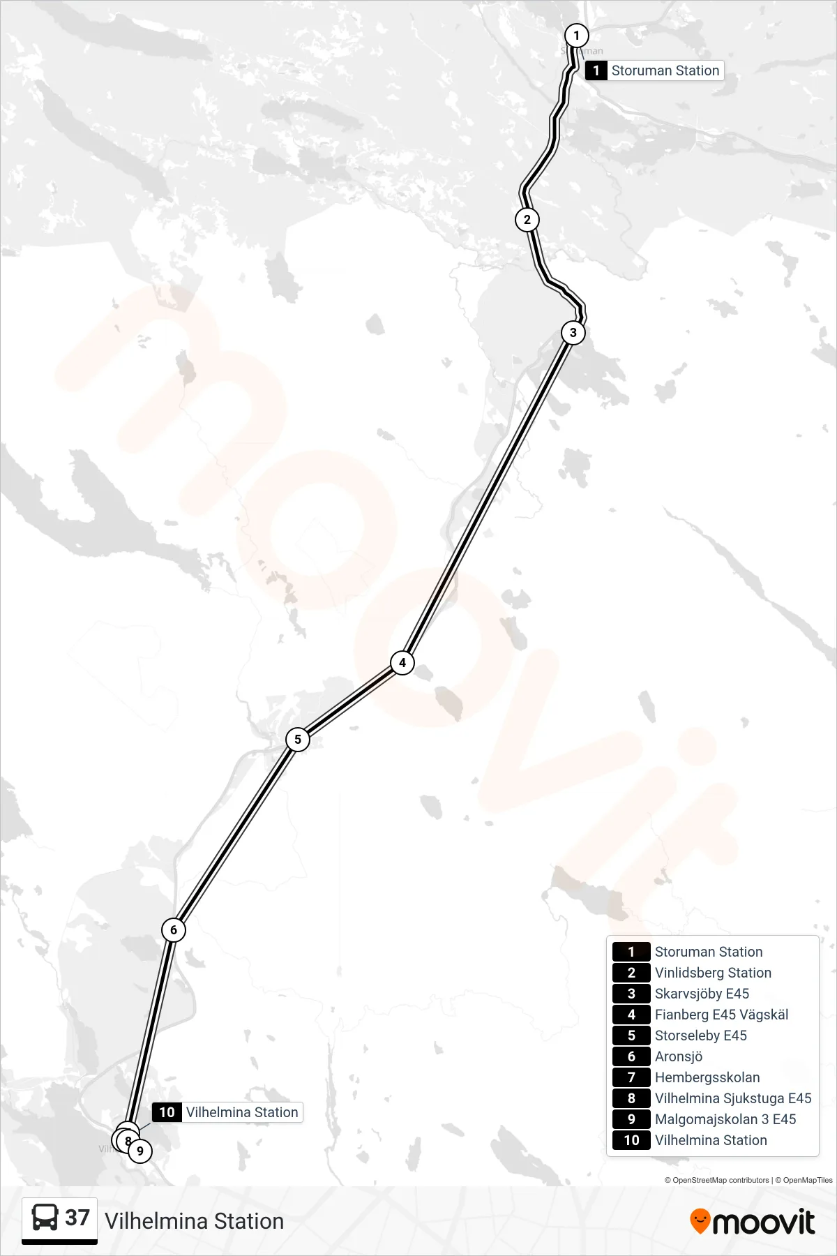 Rutt och hållplatser på karta för linje 37 spårvagn, (Vilhelmina Station)